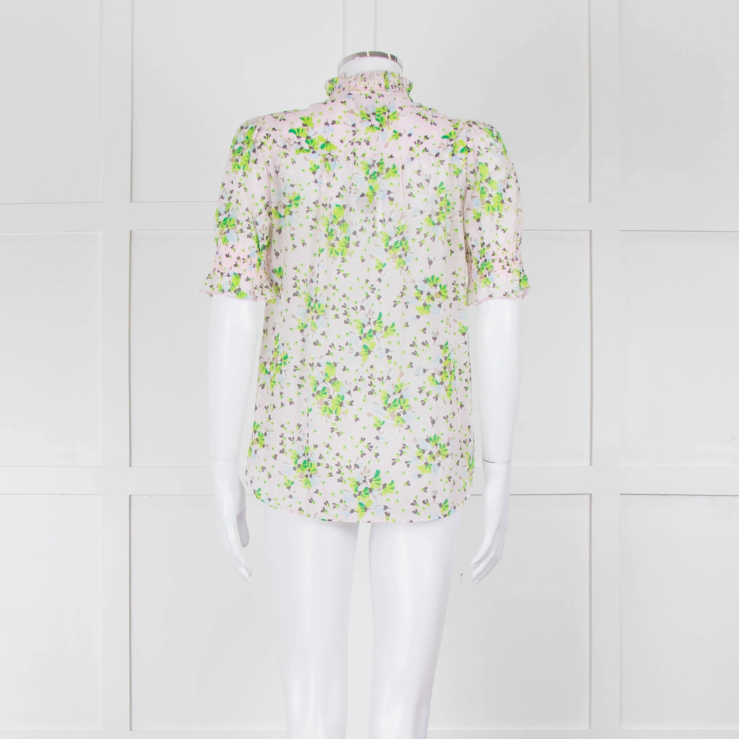 Me + Em Pink, Green & Grey Floral Silk Mix Short Sleeve Frill Top - Image 5