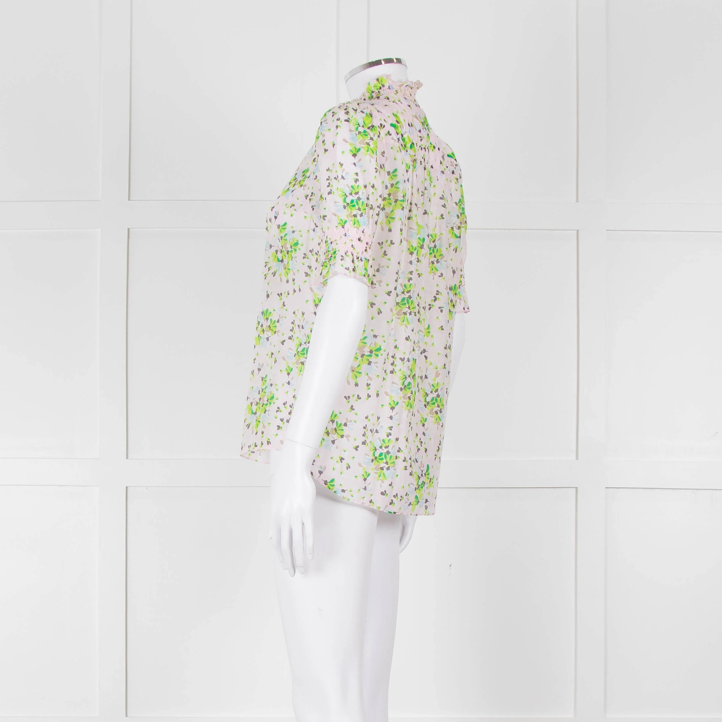 Me + Em Pink, Green & Grey Floral Silk Mix Short Sleeve Frill Top - Image 6