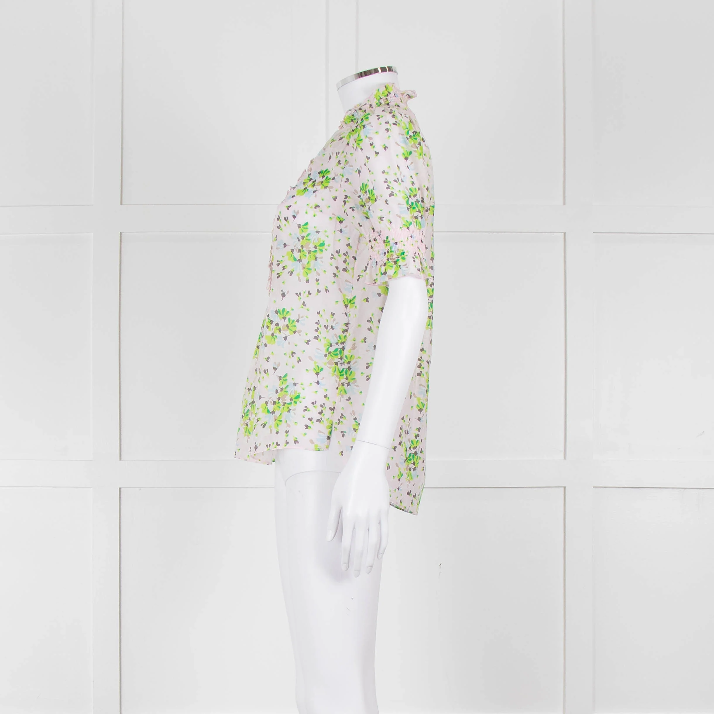 Me + Em Pink, Green & Grey Floral Silk Mix Short Sleeve Frill Top - Image 7