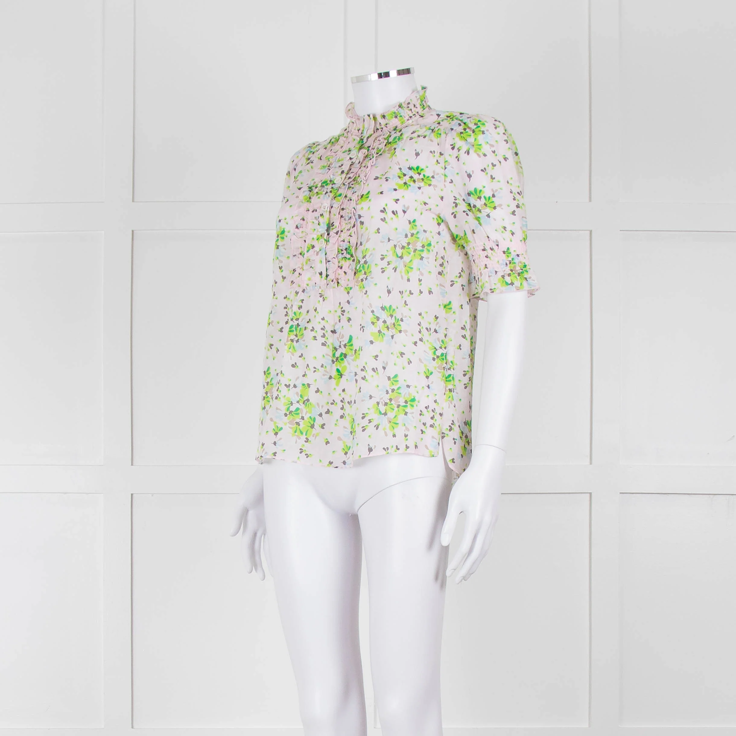 Me + Em Pink, Green & Grey Floral Silk Mix Short Sleeve Frill Top - Image 8