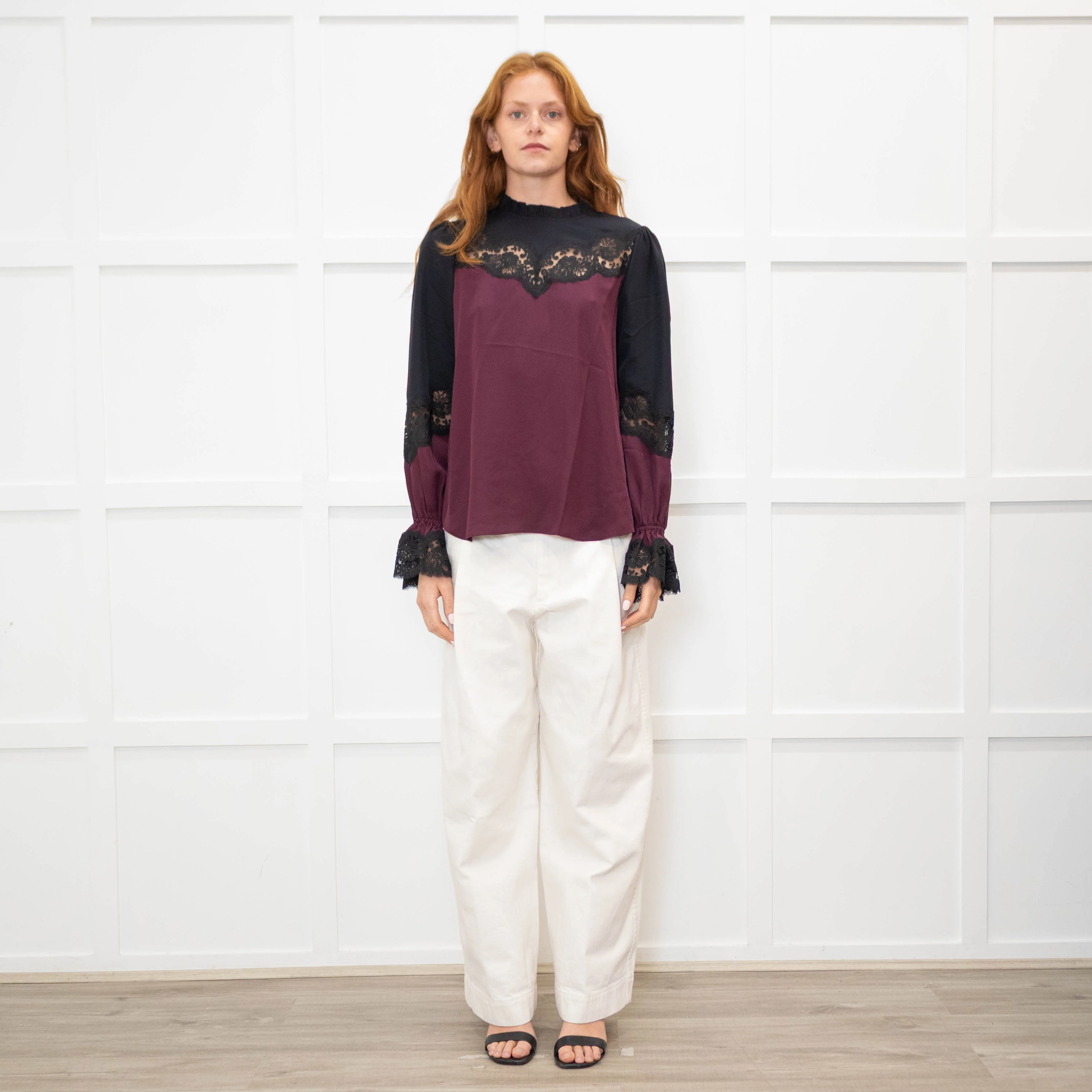 Me + Em Purple And Black Silk And Lace Colour Block Blouse