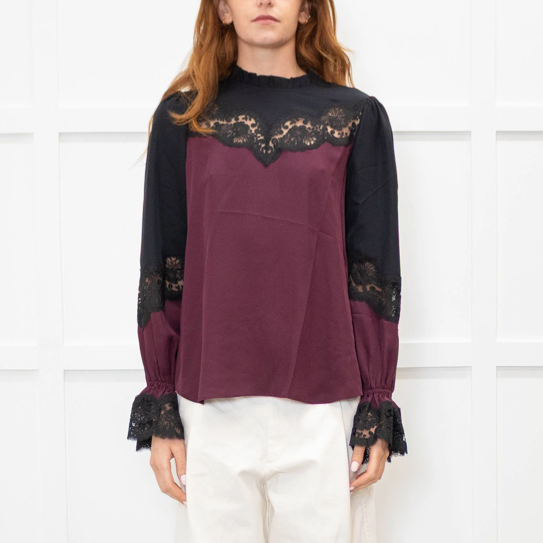 Me + Em Purple And Black Silk And Lace Colour Block Blouse - Image 2