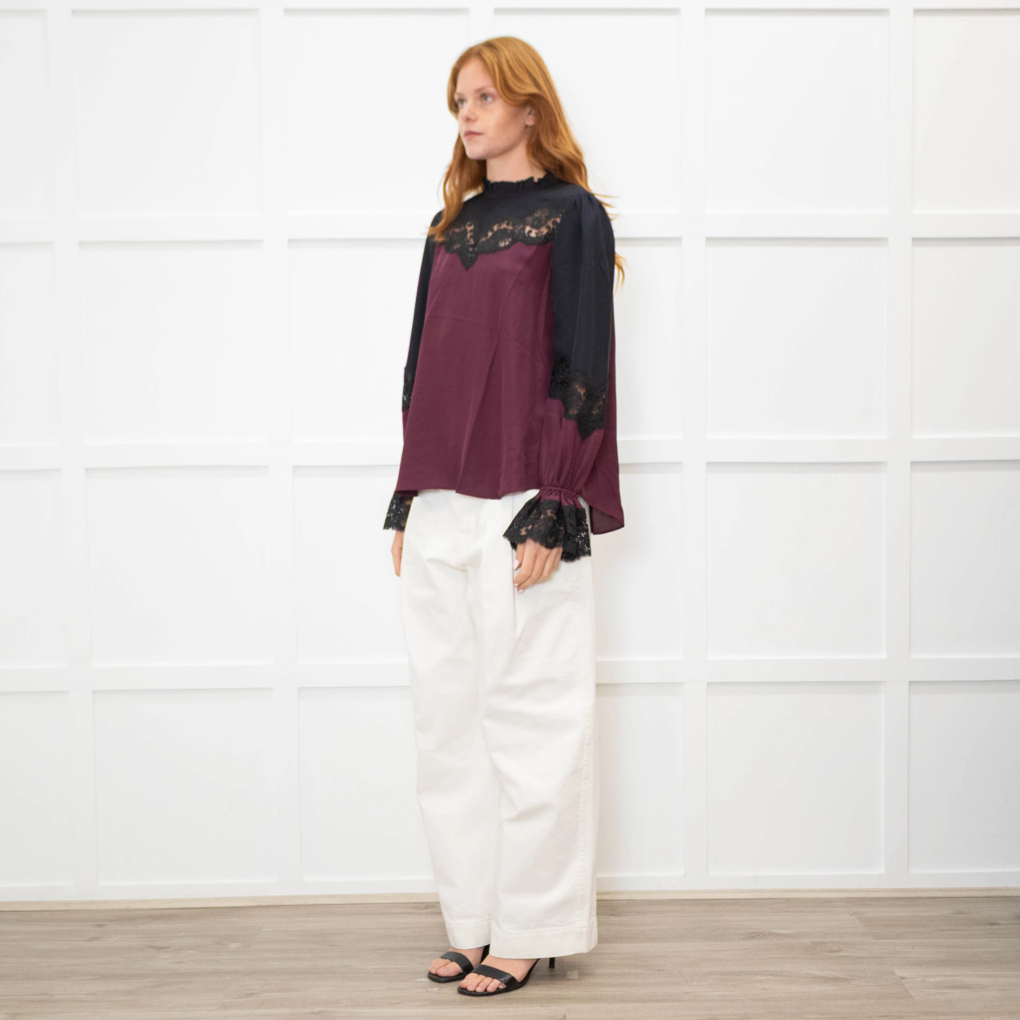 Me + Em Purple And Black Silk And Lace Colour Block Blouse - Image 3