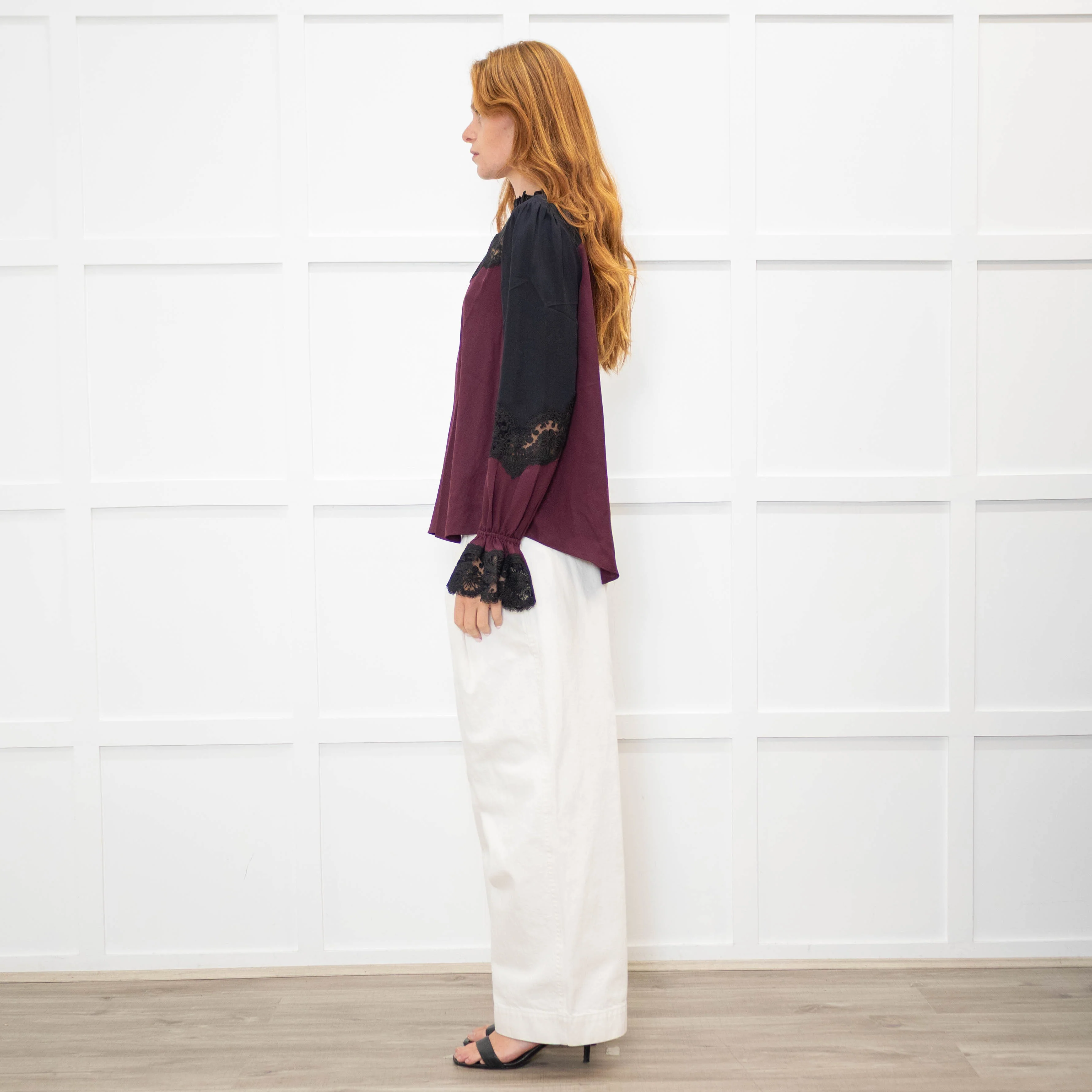 Me + Em Purple And Black Silk And Lace Colour Block Blouse - Image 4