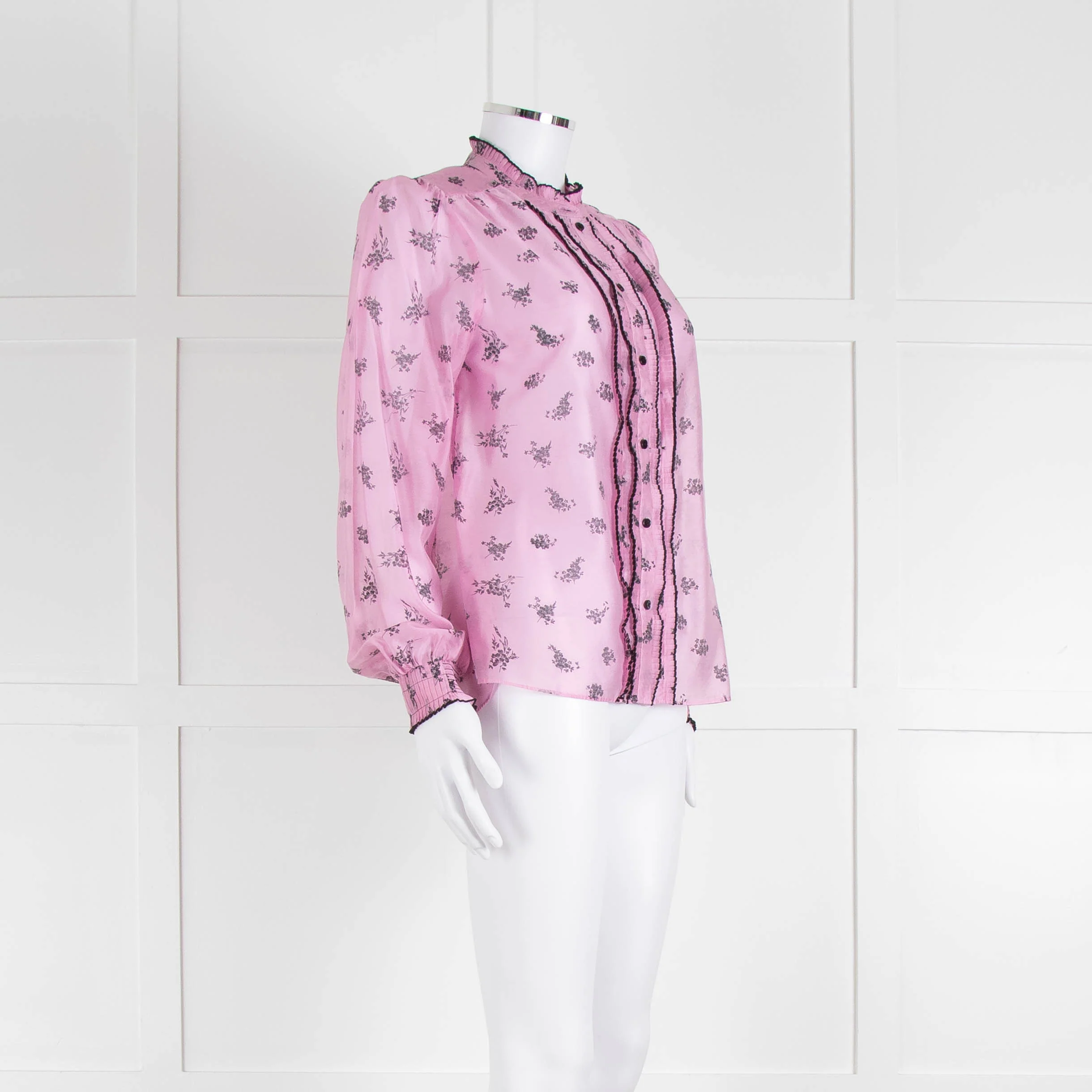 Me + Em Pink Blouse with Frill Neck and Black Floral Print - Image 2