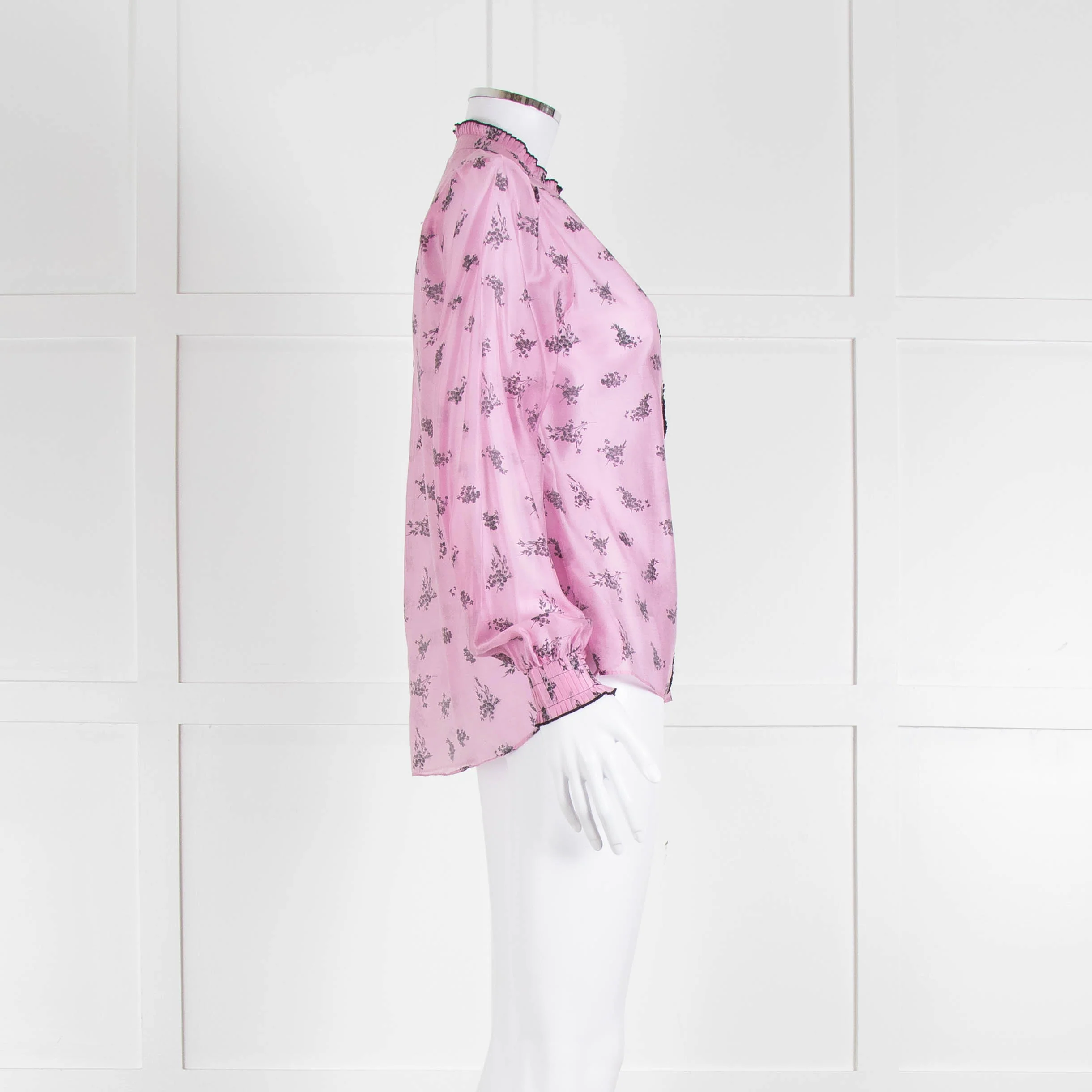 Me + Em Pink Blouse with Frill Neck and Black Floral Print - Image 3