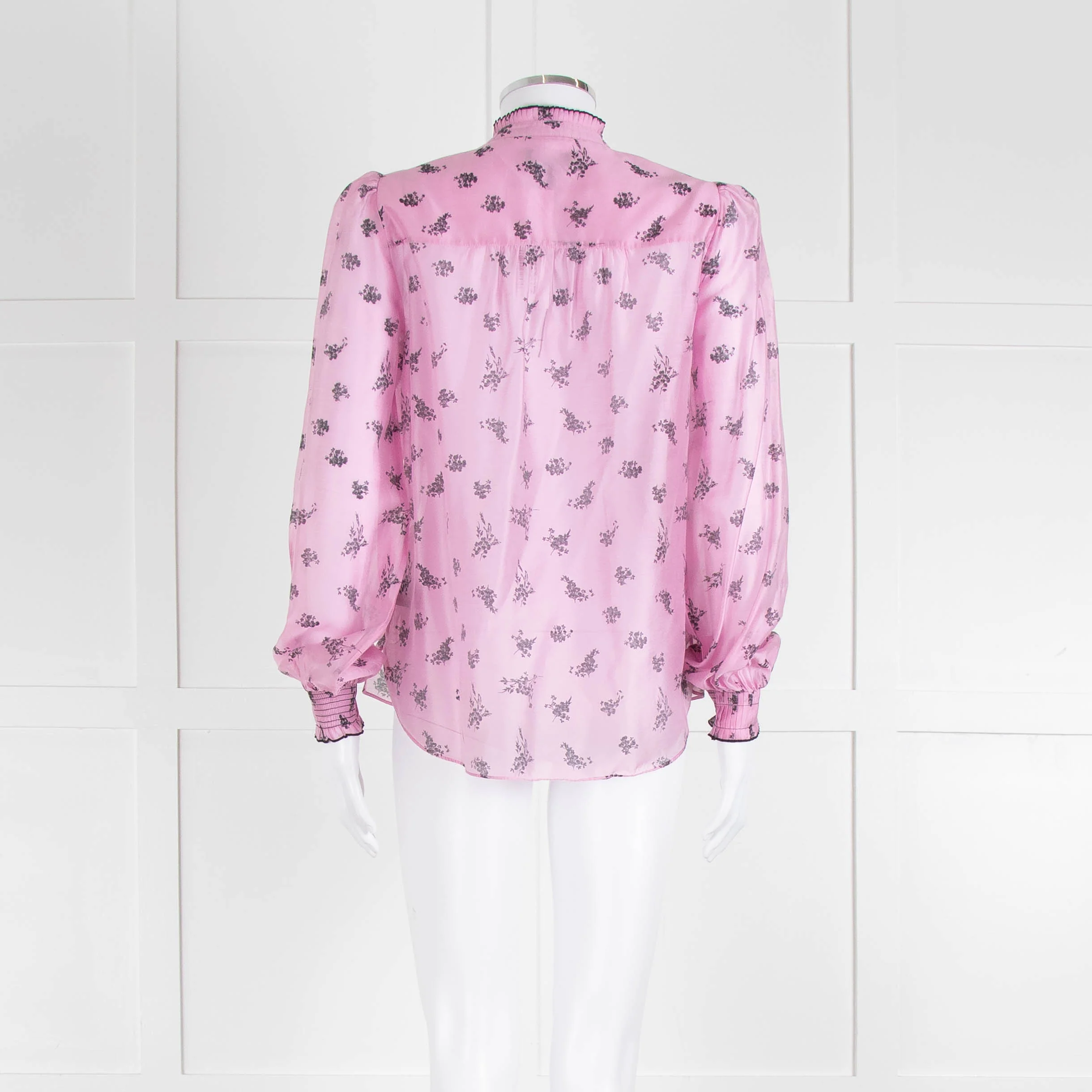 Me + Em Pink Blouse with Frill Neck and Black Floral Print - Image 5