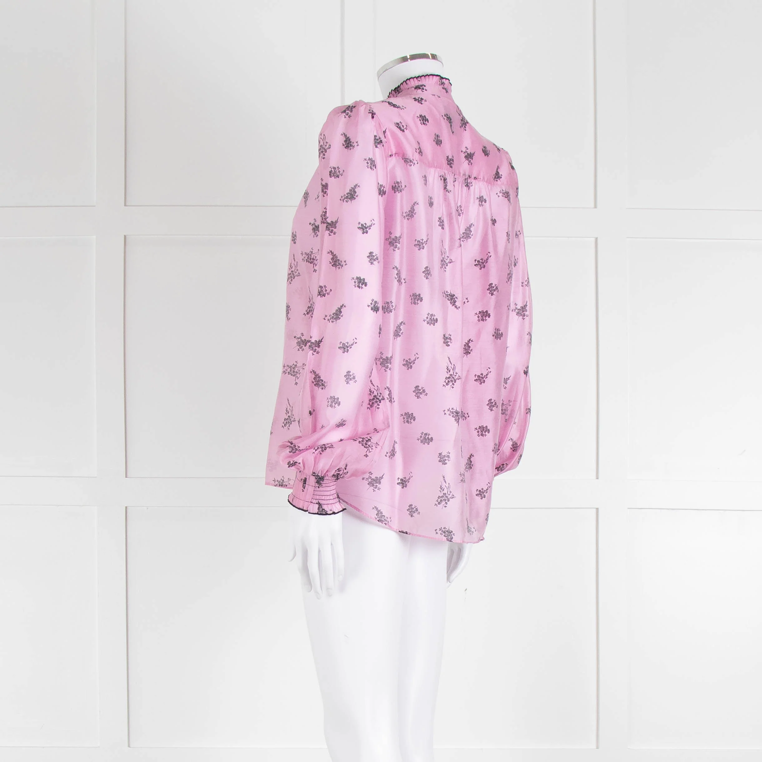 Me + Em Pink Blouse with Frill Neck and Black Floral Print - Image 6