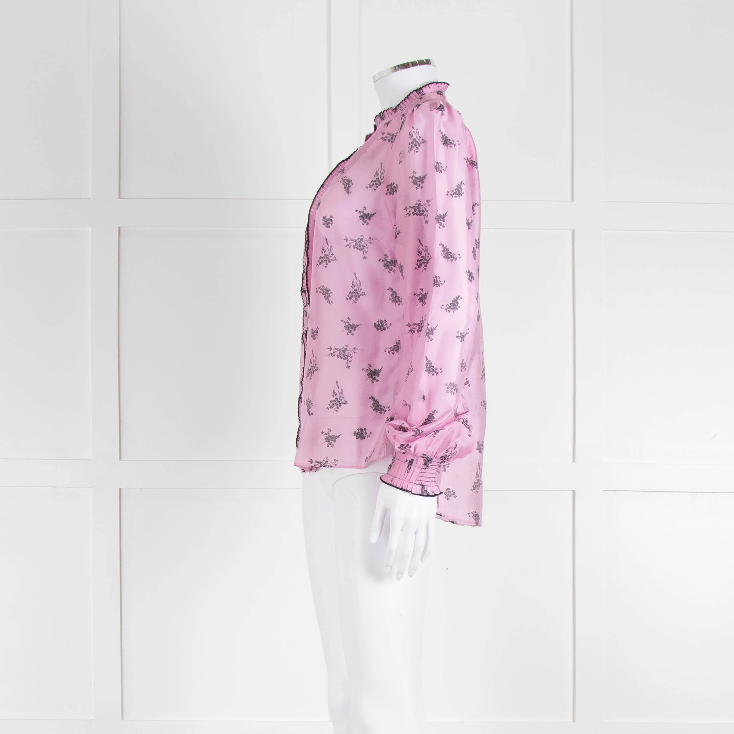 Me + Em Pink Blouse with Frill Neck and Black Floral Print - Image 7