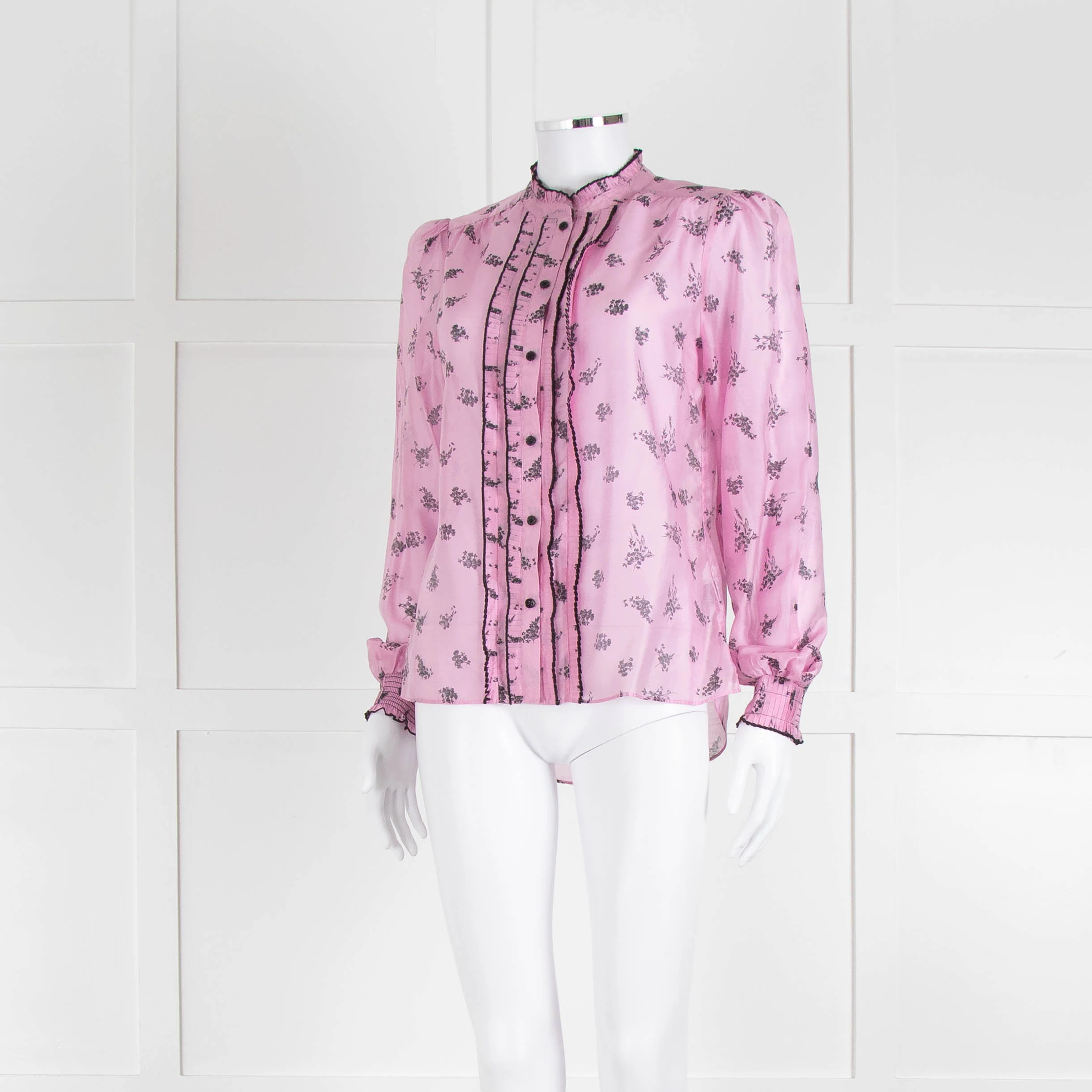 Me + Em Pink Blouse with Frill Neck and Black Floral Print - Image 8