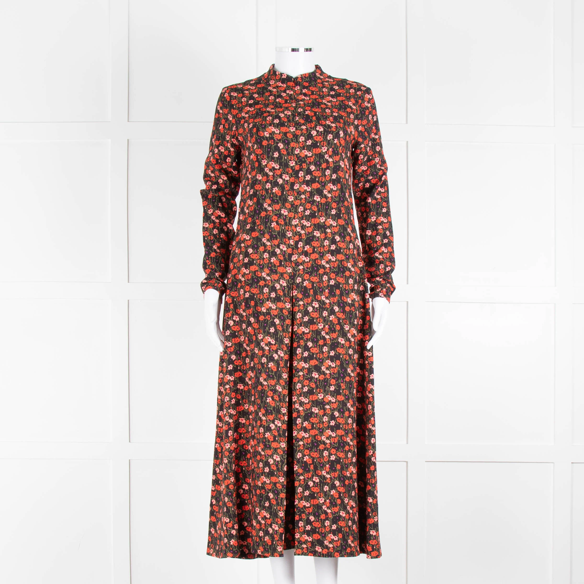 Me + Em Red and Pink Floral Zip Front Midi Dress