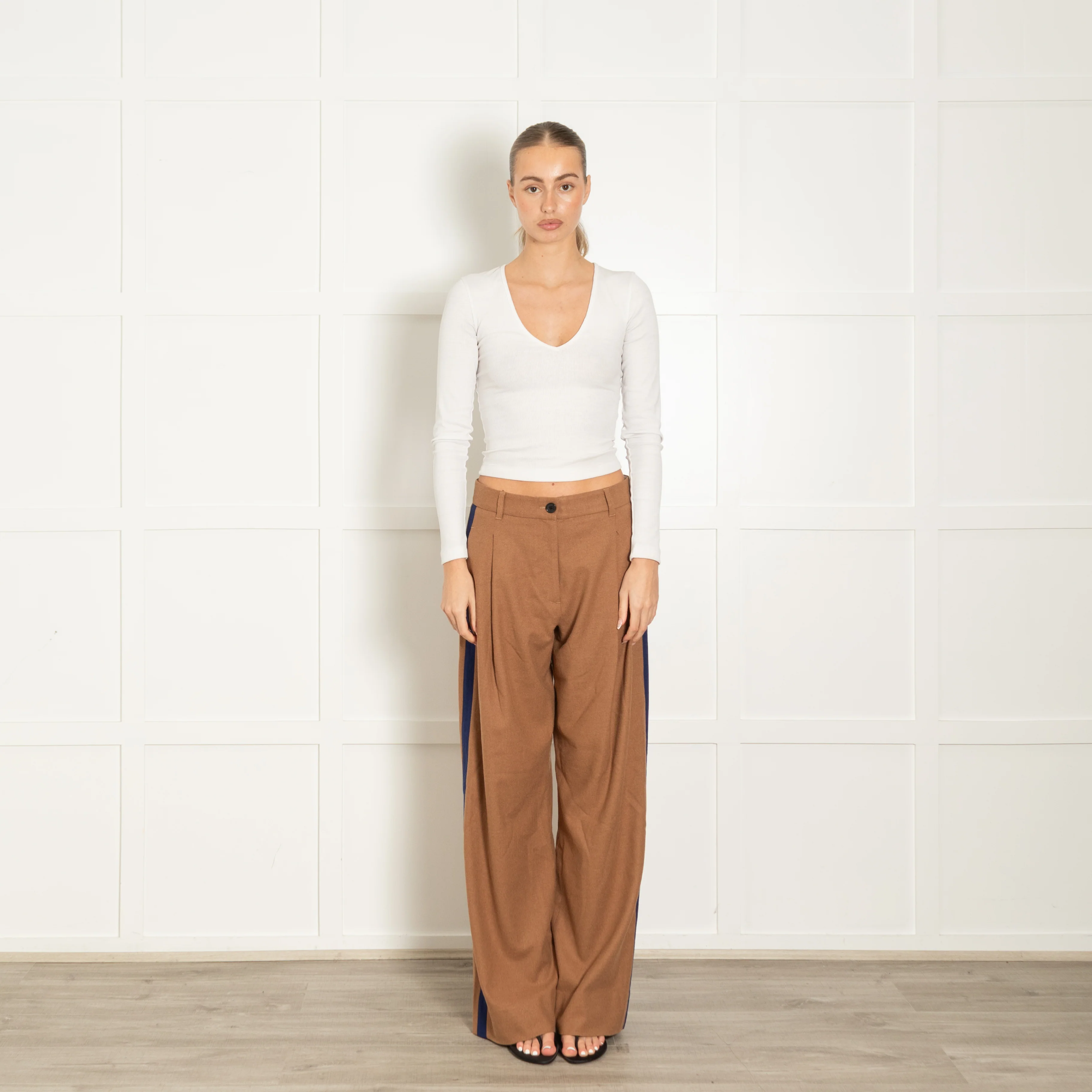 Me + Em Tan Trousers With Blue Side Stripe