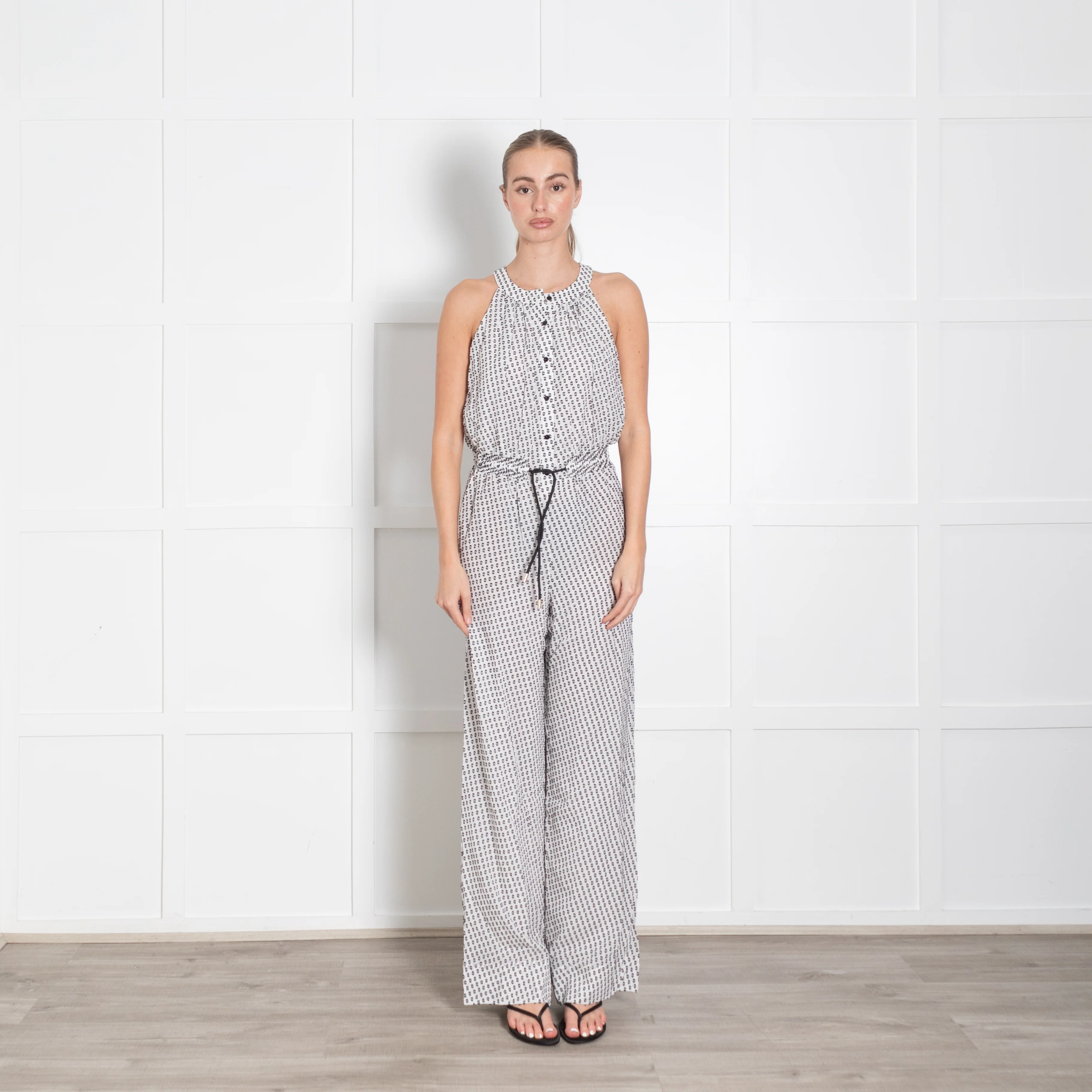 Me + Em White Black Flecks Silk Blend Sleeveless Jumpsuit