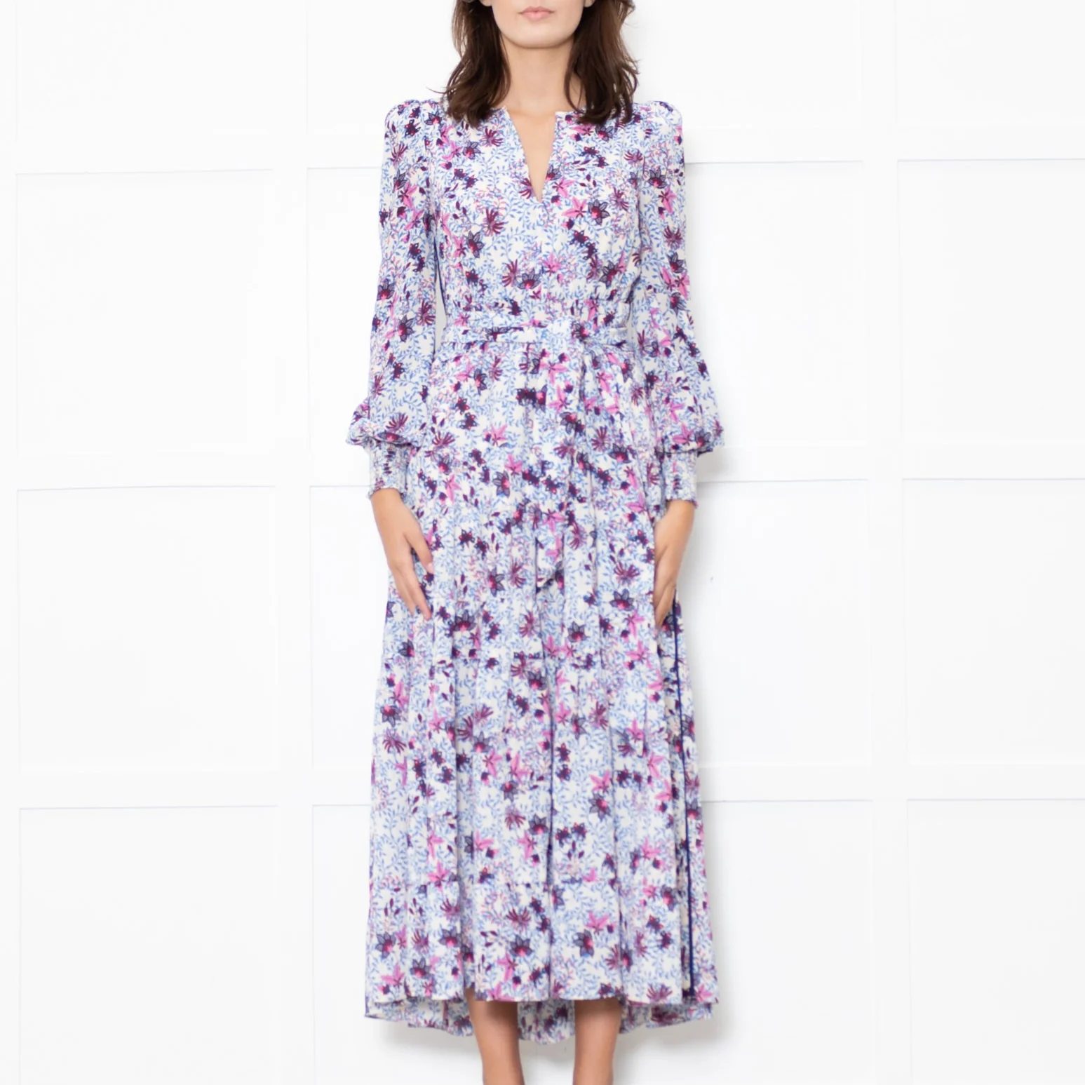 Me + Em White Blue Floral Long Sleeve Tiered Dress - Image 2