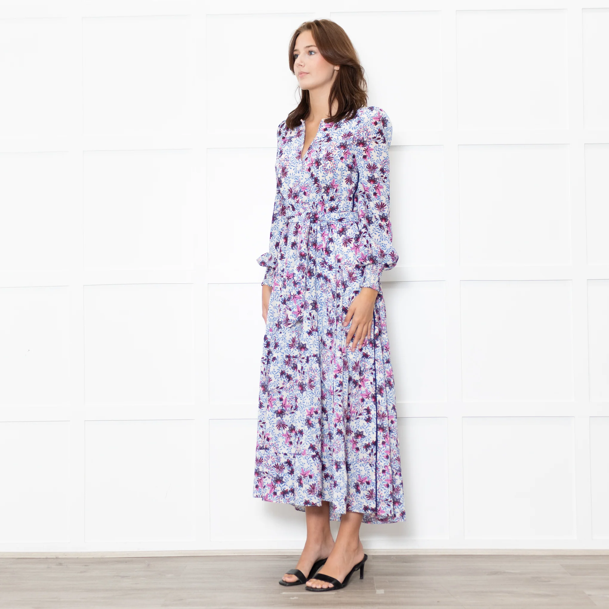 Me + Em White Blue Floral Long Sleeve Tiered Dress - Image 3