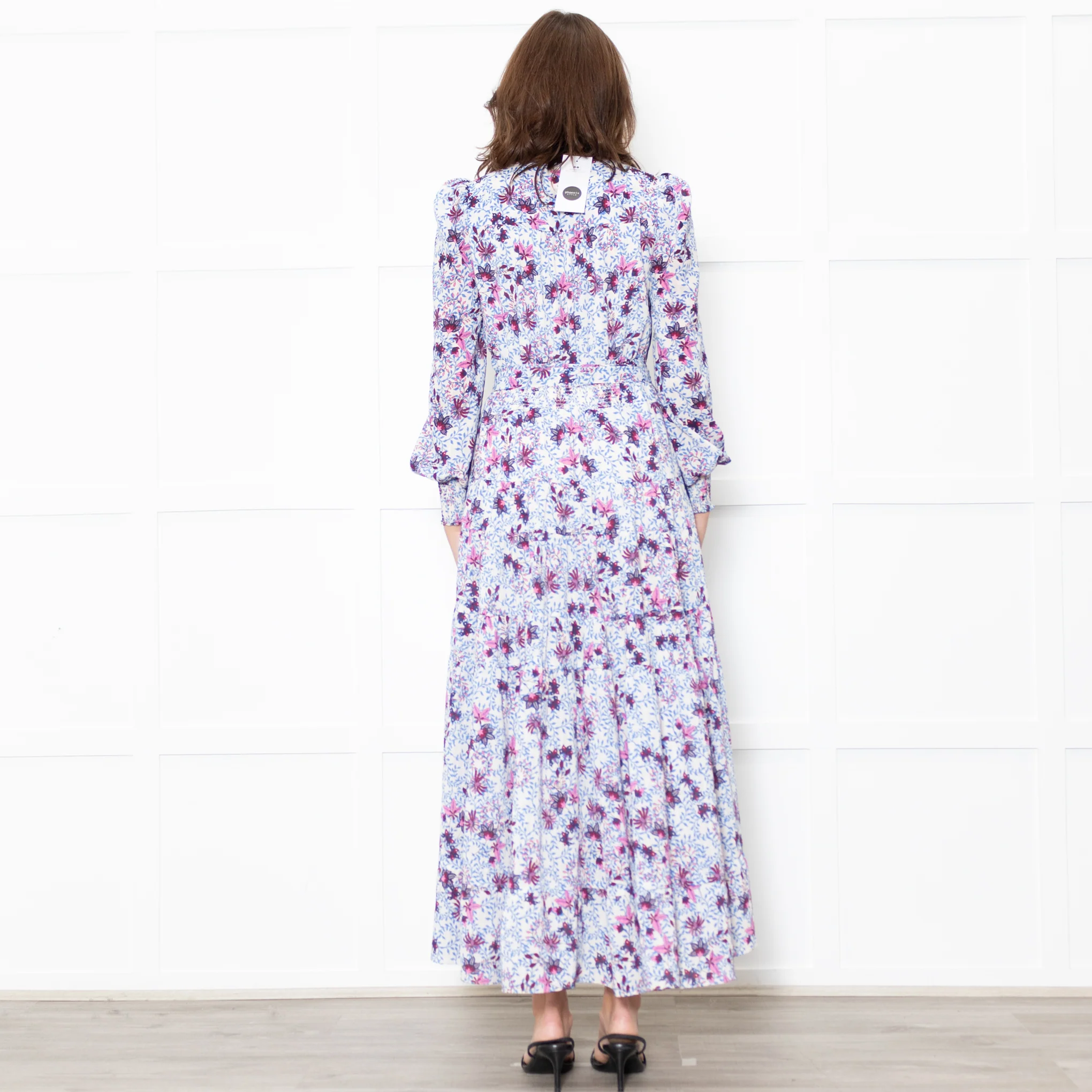 Me + Em White Blue Floral Long Sleeve Tiered Dress - Image 5