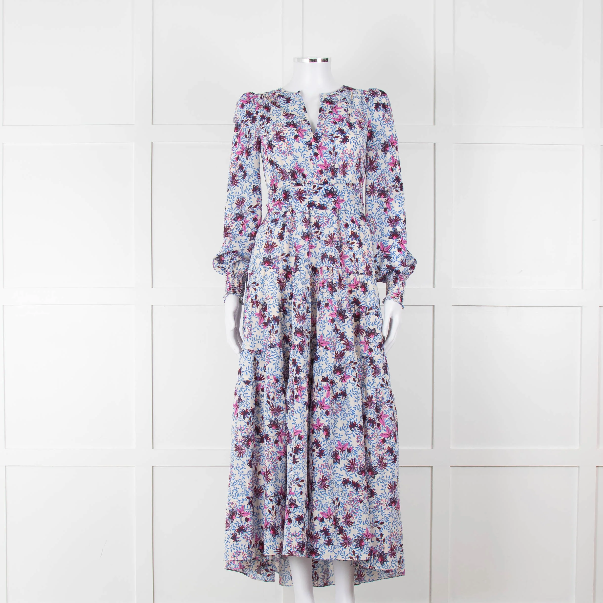 ME + EM White Blue Purple Floral Tiered Maxi Dress