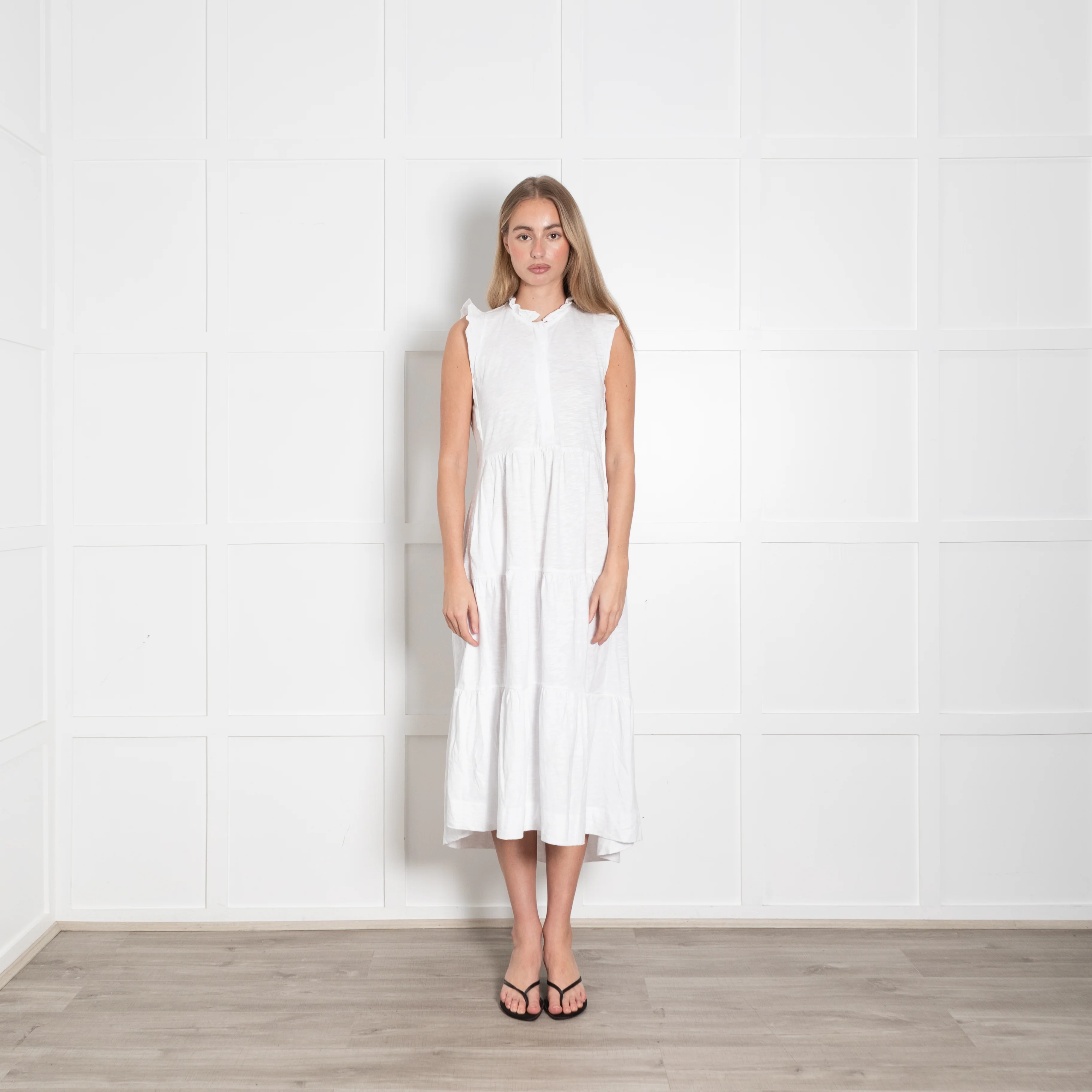Me + Em White Cotton Tiered Midi Dress