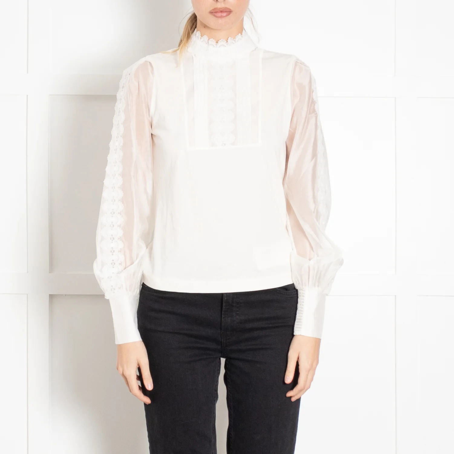 Me + Em White High Neck Lace Blouse with Puffed Sleeves - Image 2