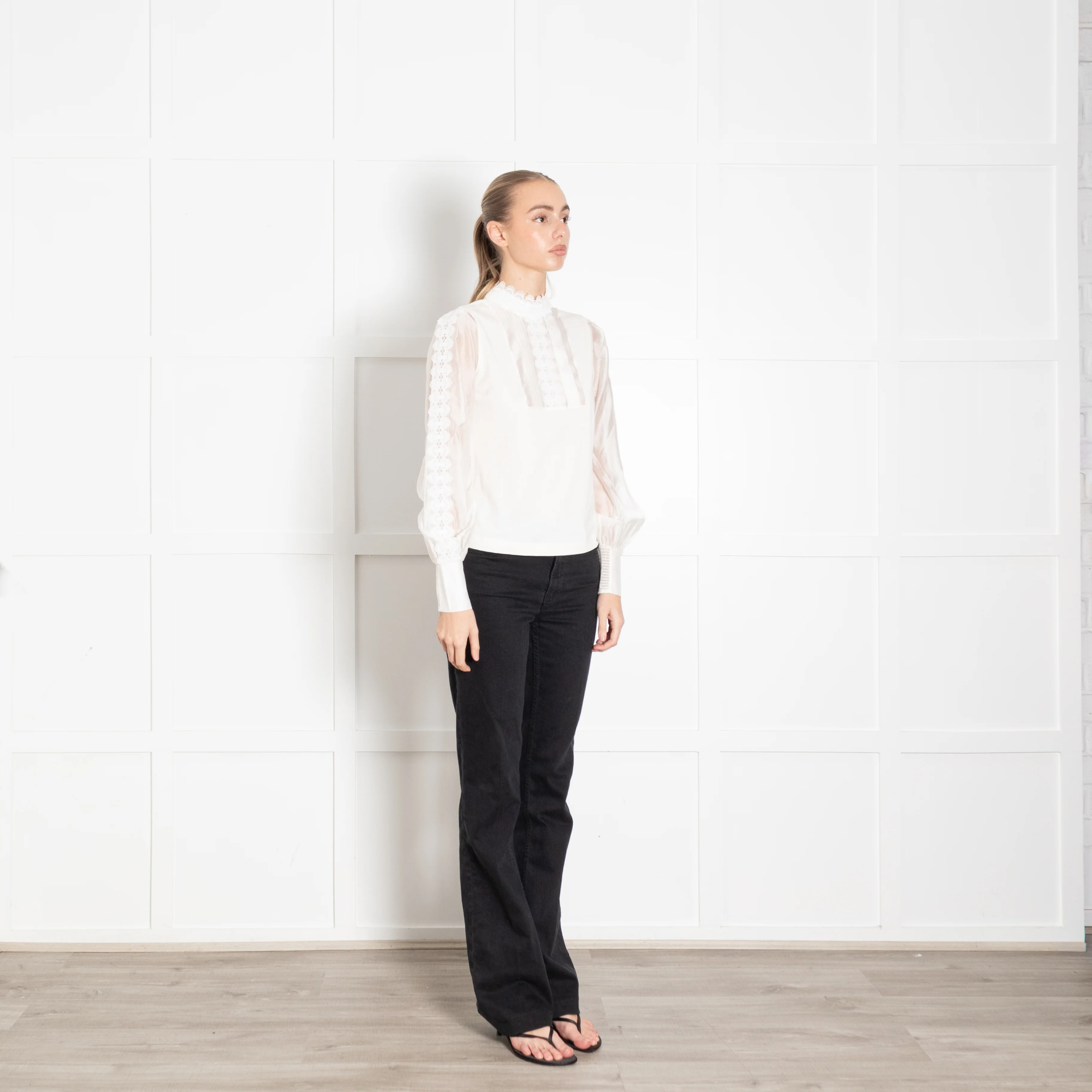 Me + Em White High Neck Lace Blouse with Puffed Sleeves - Image 7