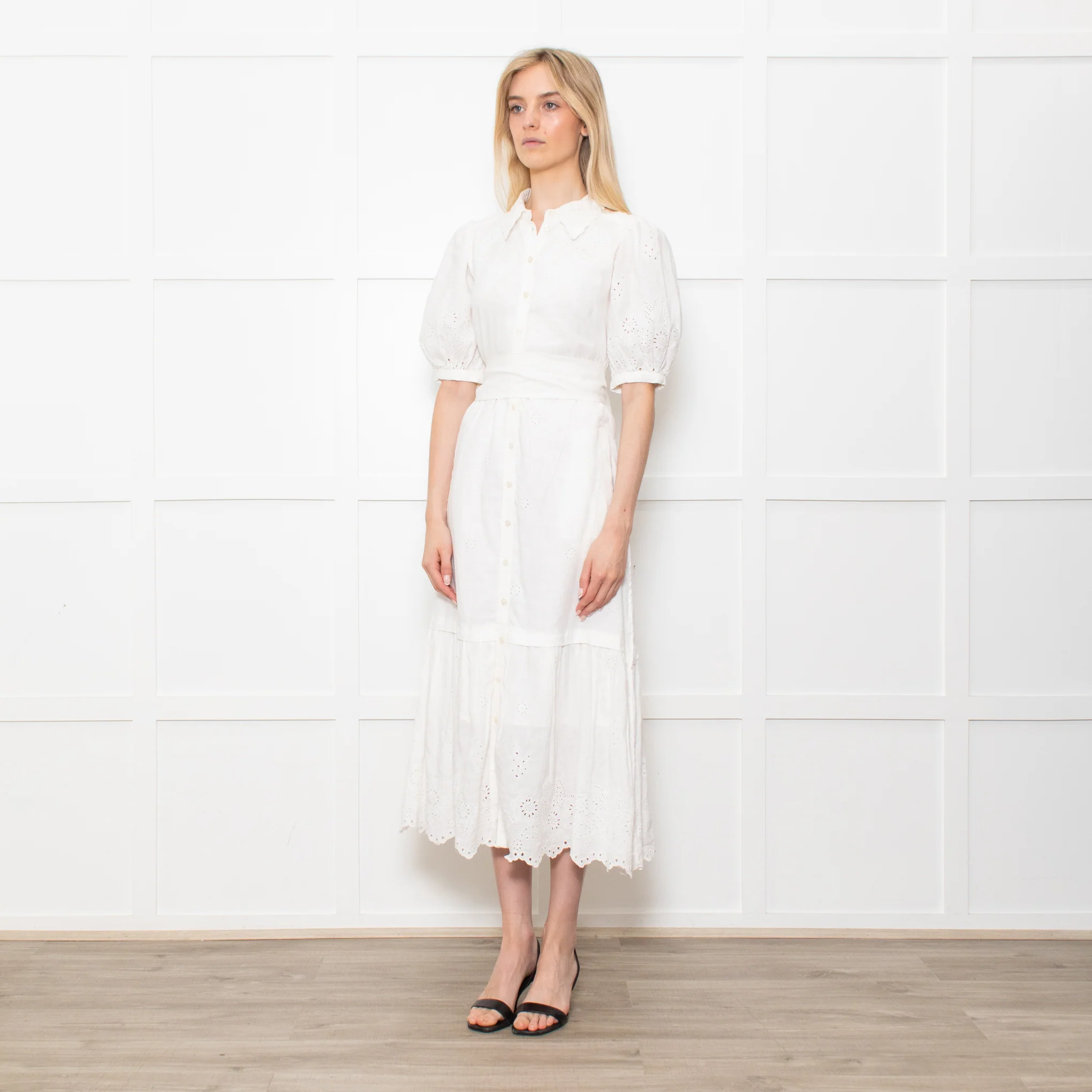 Me + Em White Linen Broderie Collared Dress - Image 3