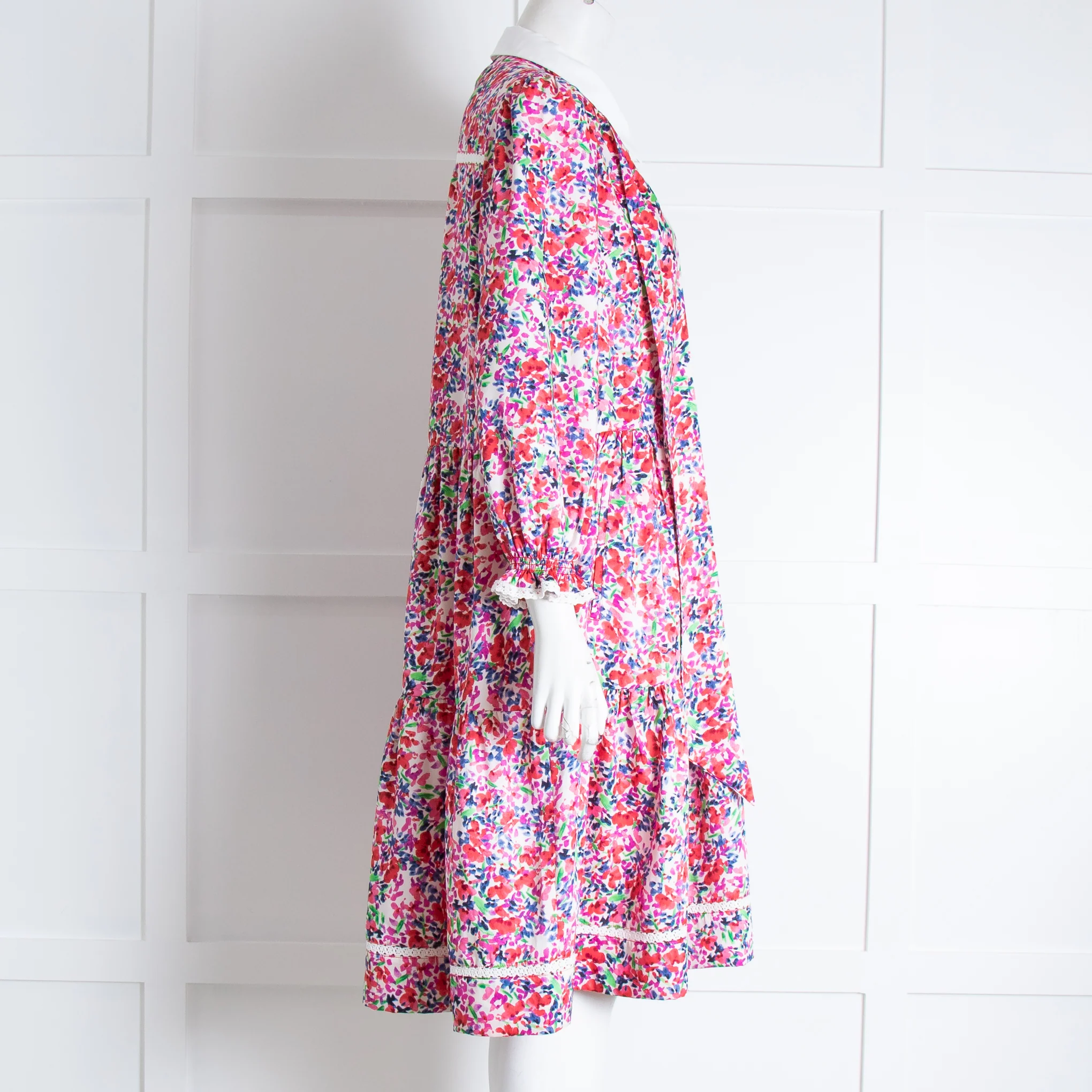 ME EM White Pink Floral White Collar Belted Dress - Image 2