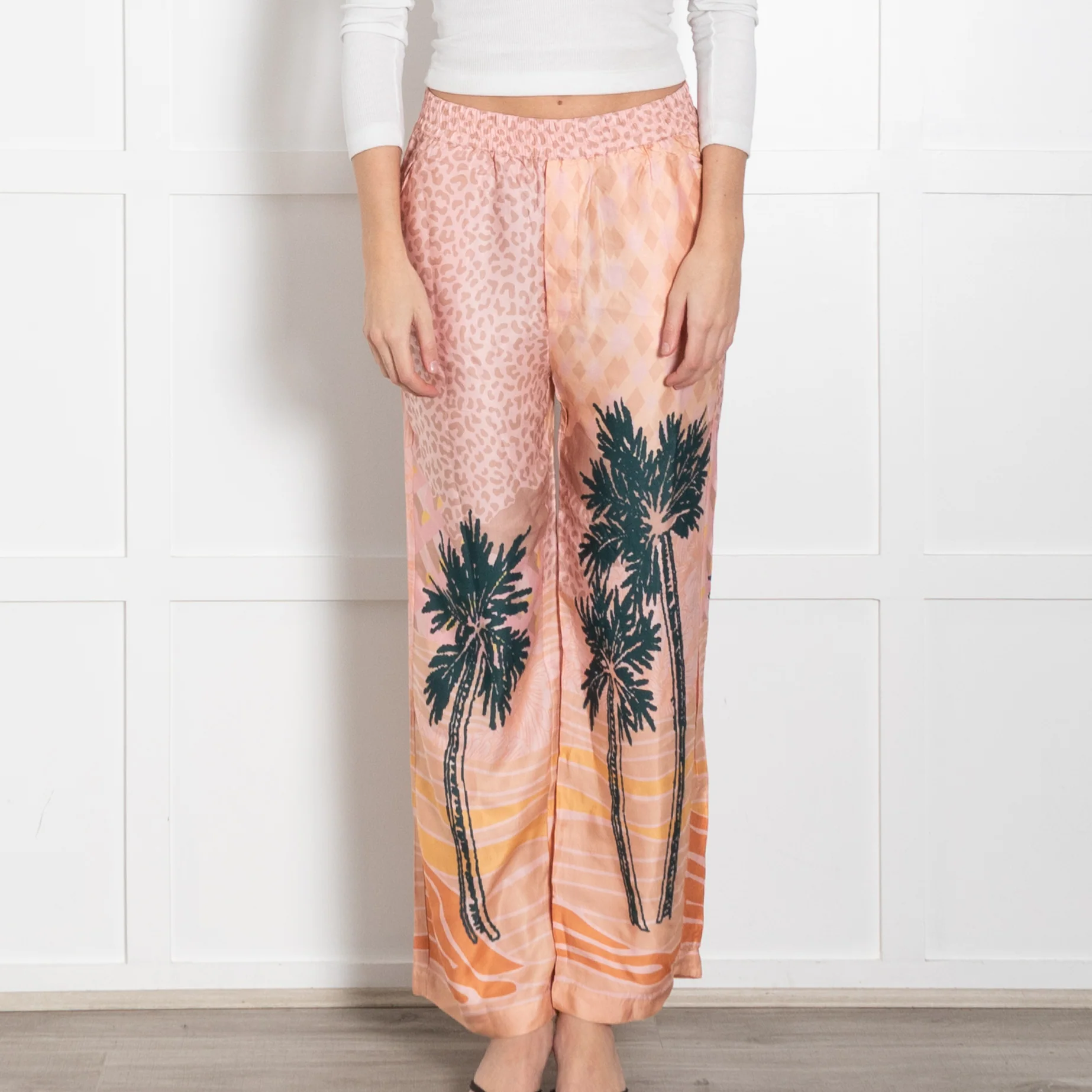Me369 Peach Green Palm Tree Print Trousers - Image 2