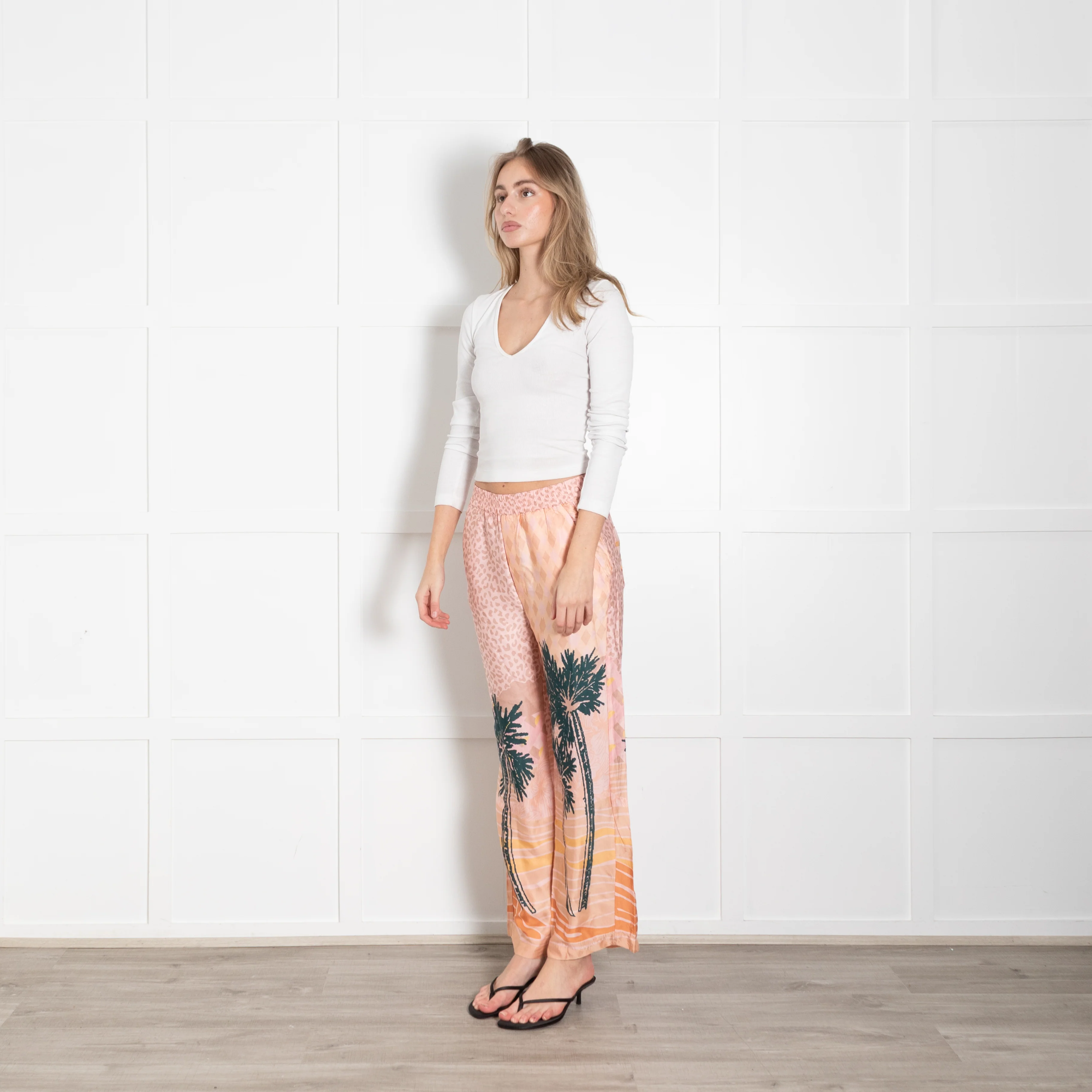 Me369 Peach Green Palm Tree Print Trousers - Image 3