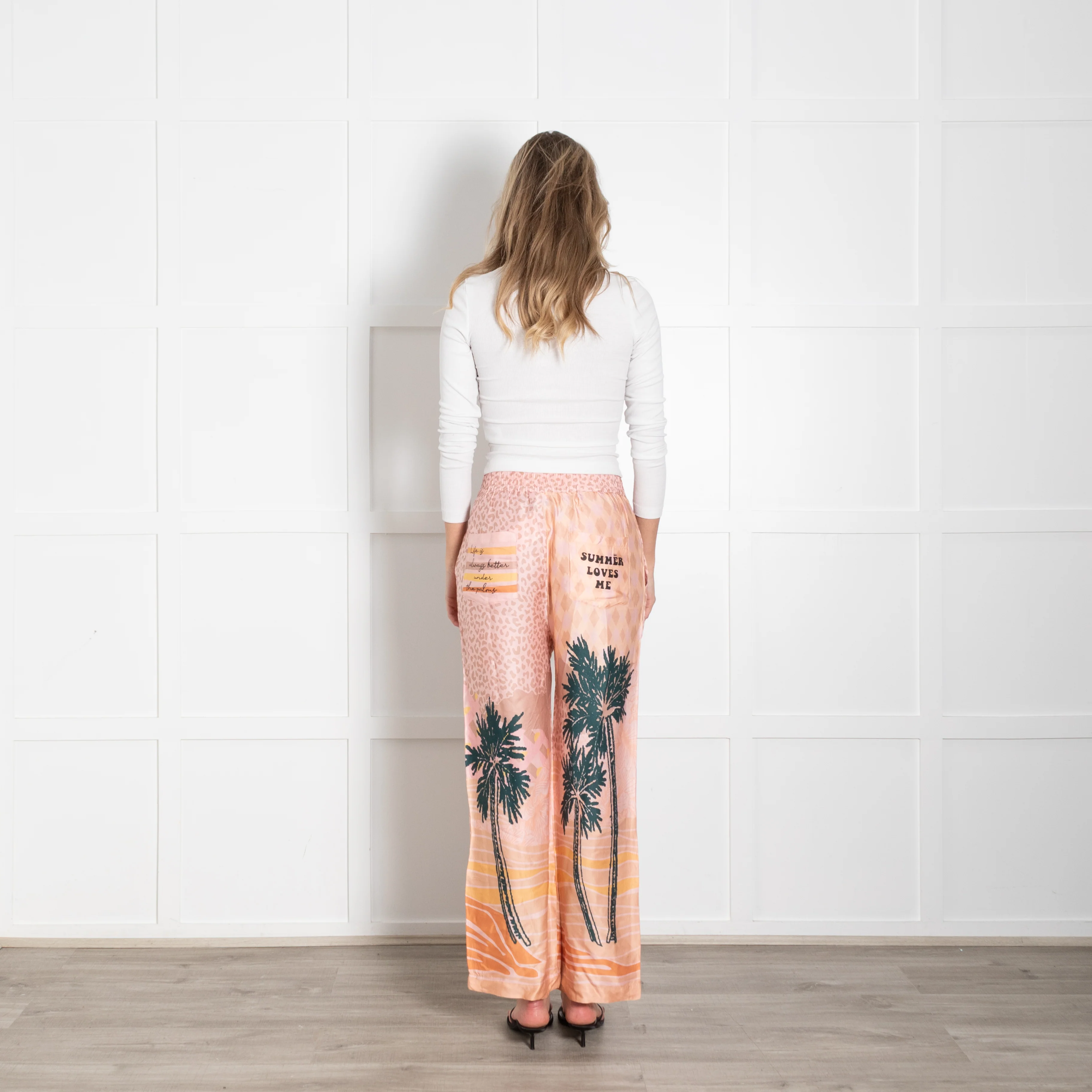 Me369 Peach Green Palm Tree Print Trousers - Image 5