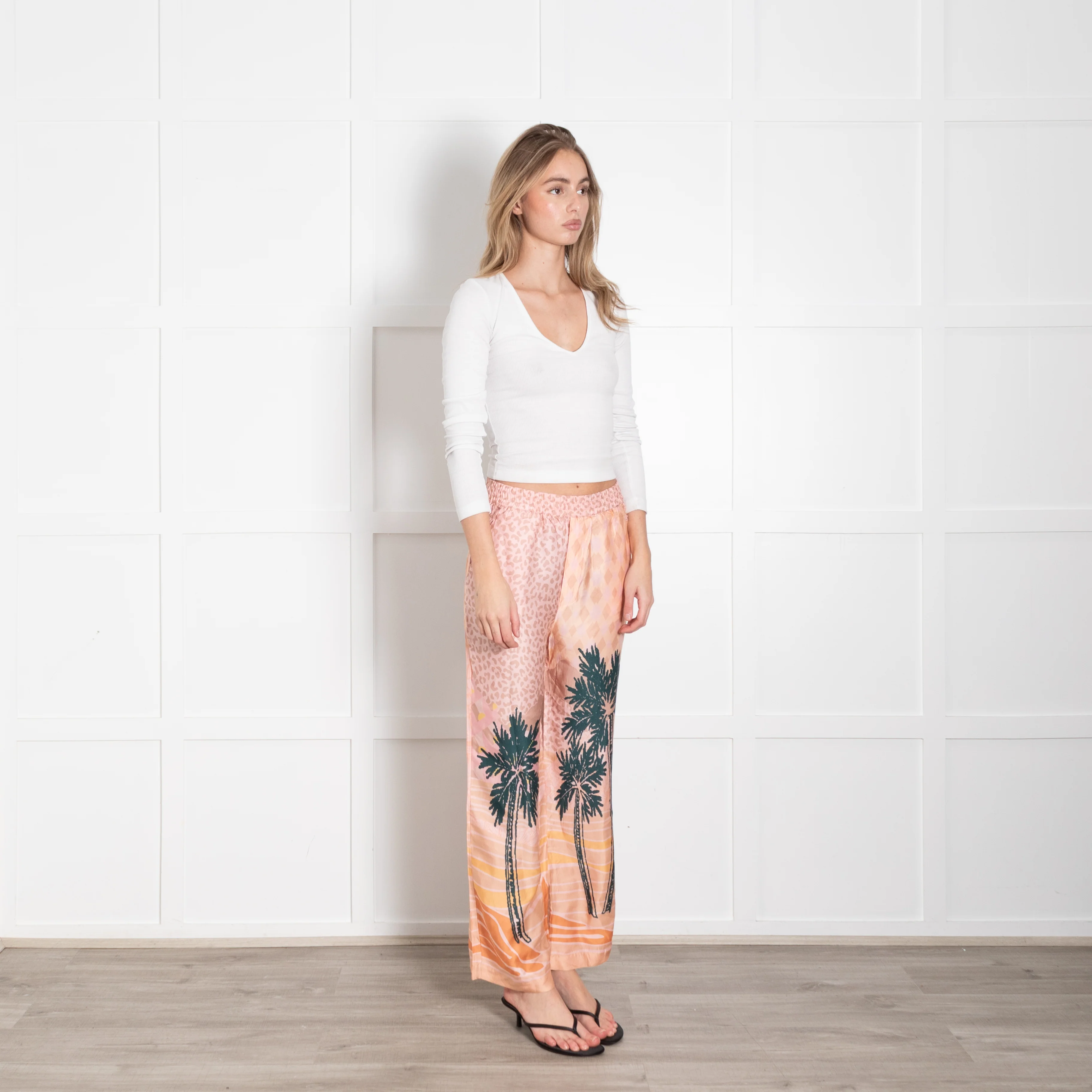 Me369 Peach Green Palm Tree Print Trousers - Image 7