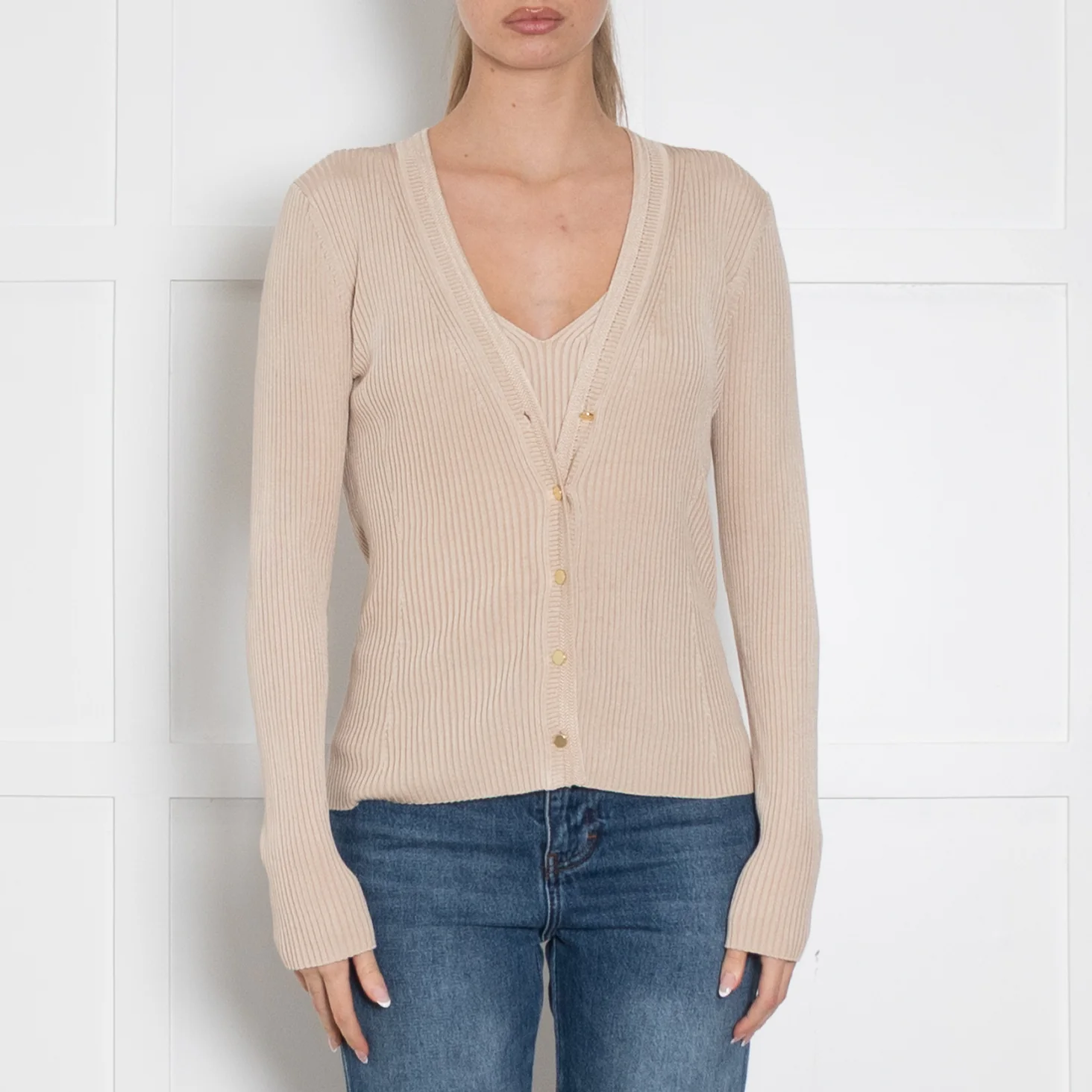 Me+Em Beige Gold Button Ribbed Cardigan - Image 2