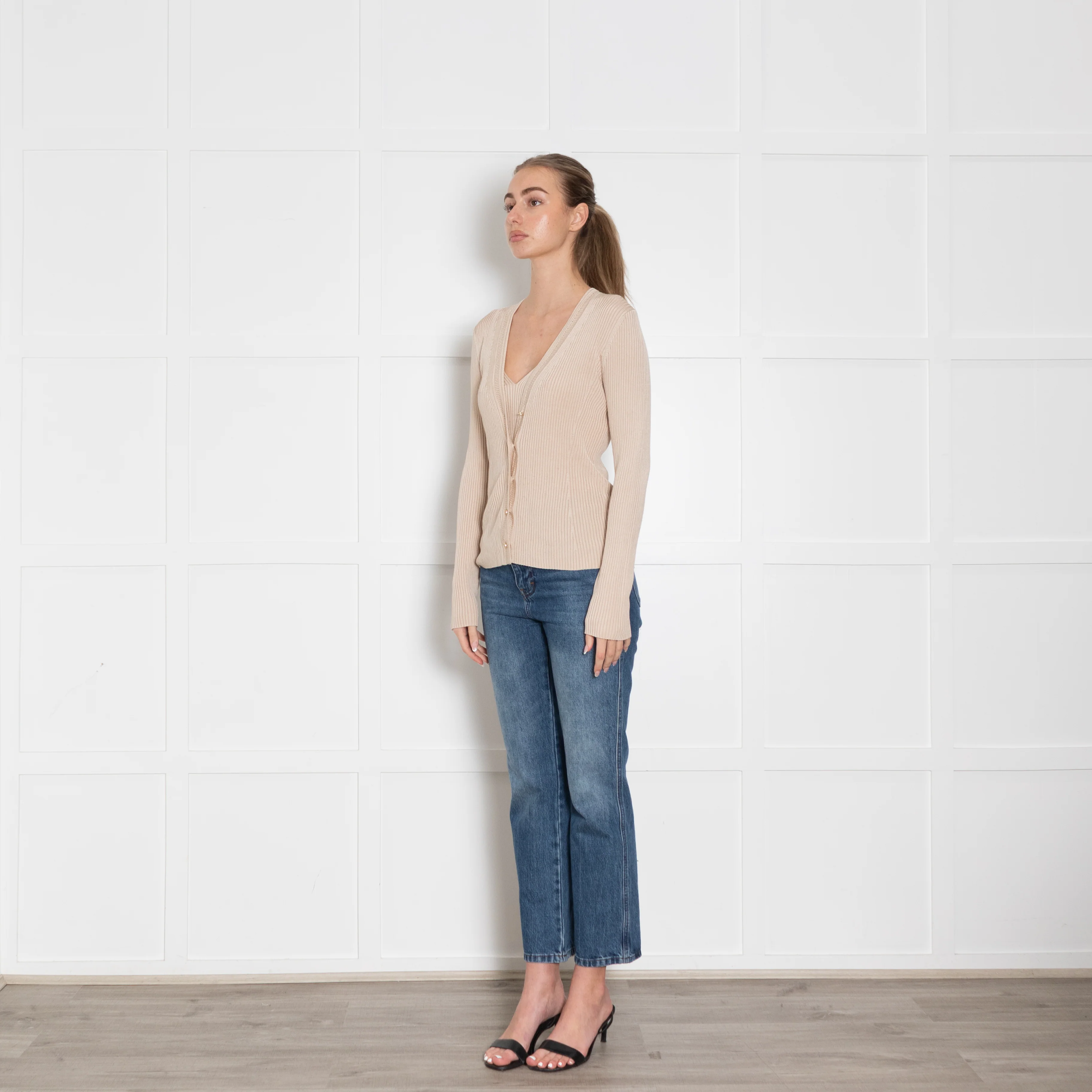 Me+Em Beige Gold Button Ribbed Cardigan - Image 3