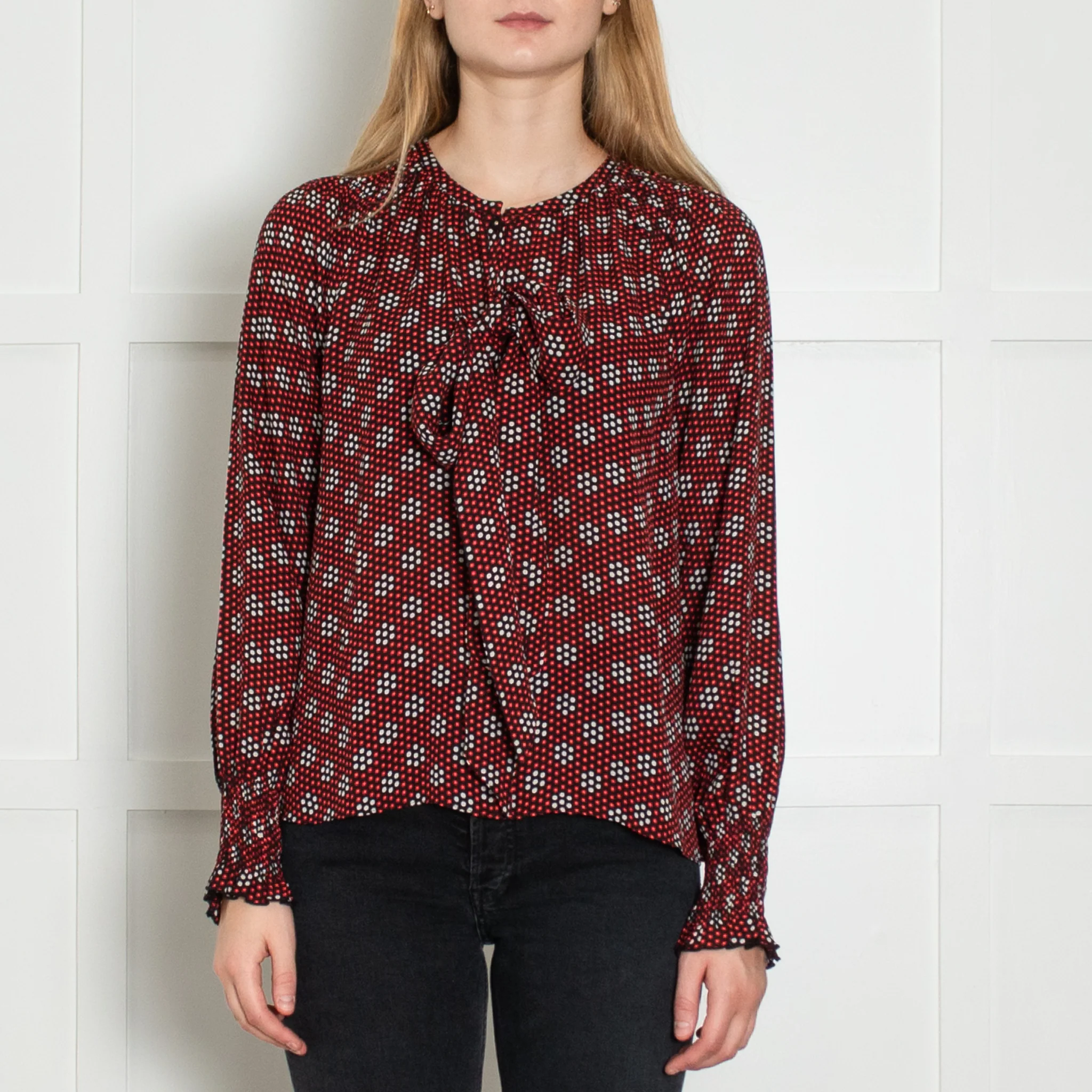 Me+Em Black Red Cream Silk Dot Tie Detail Blouse - Image 2