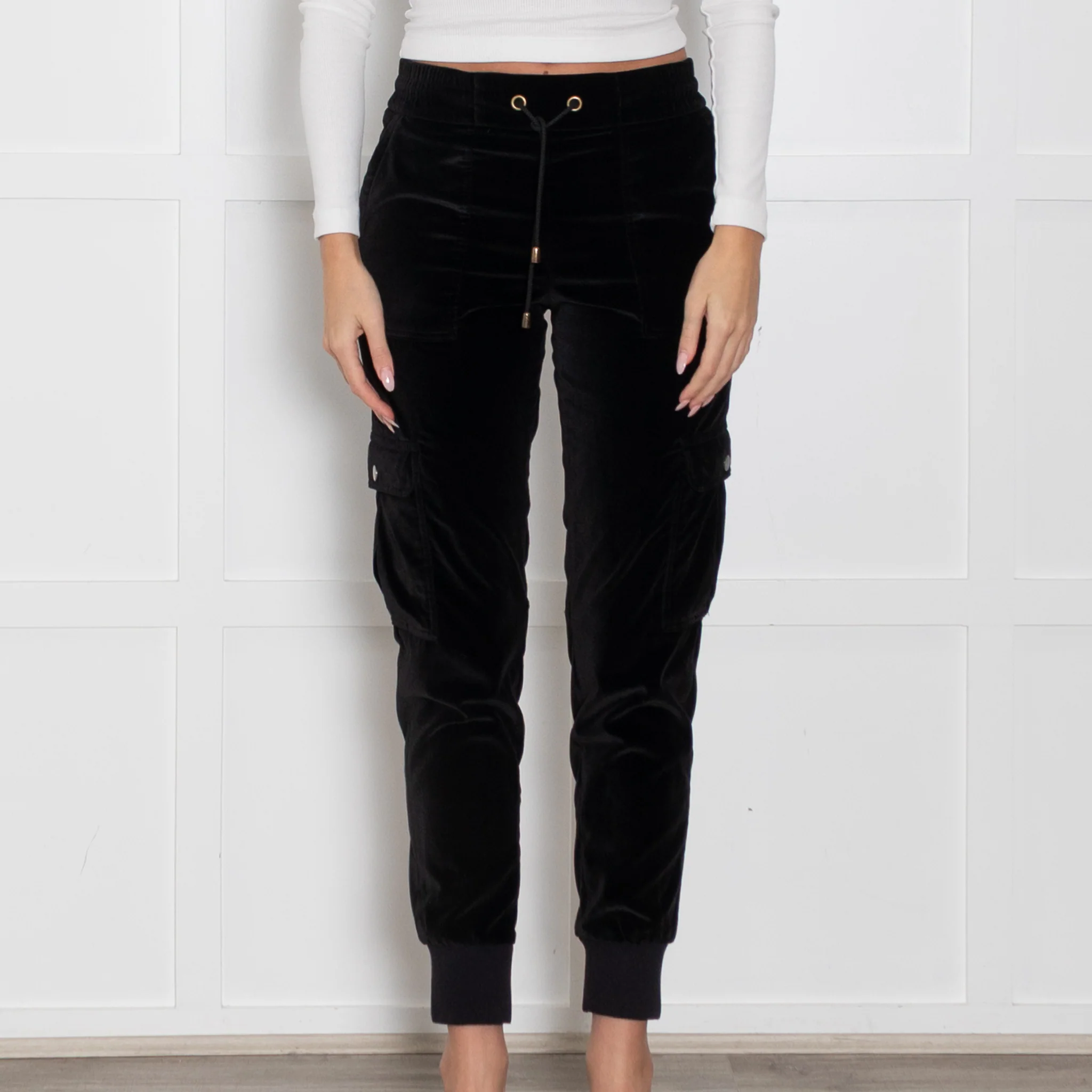 Me+Em Black Velvet Side Pocket Drawstring Waist Joggers - Image 2