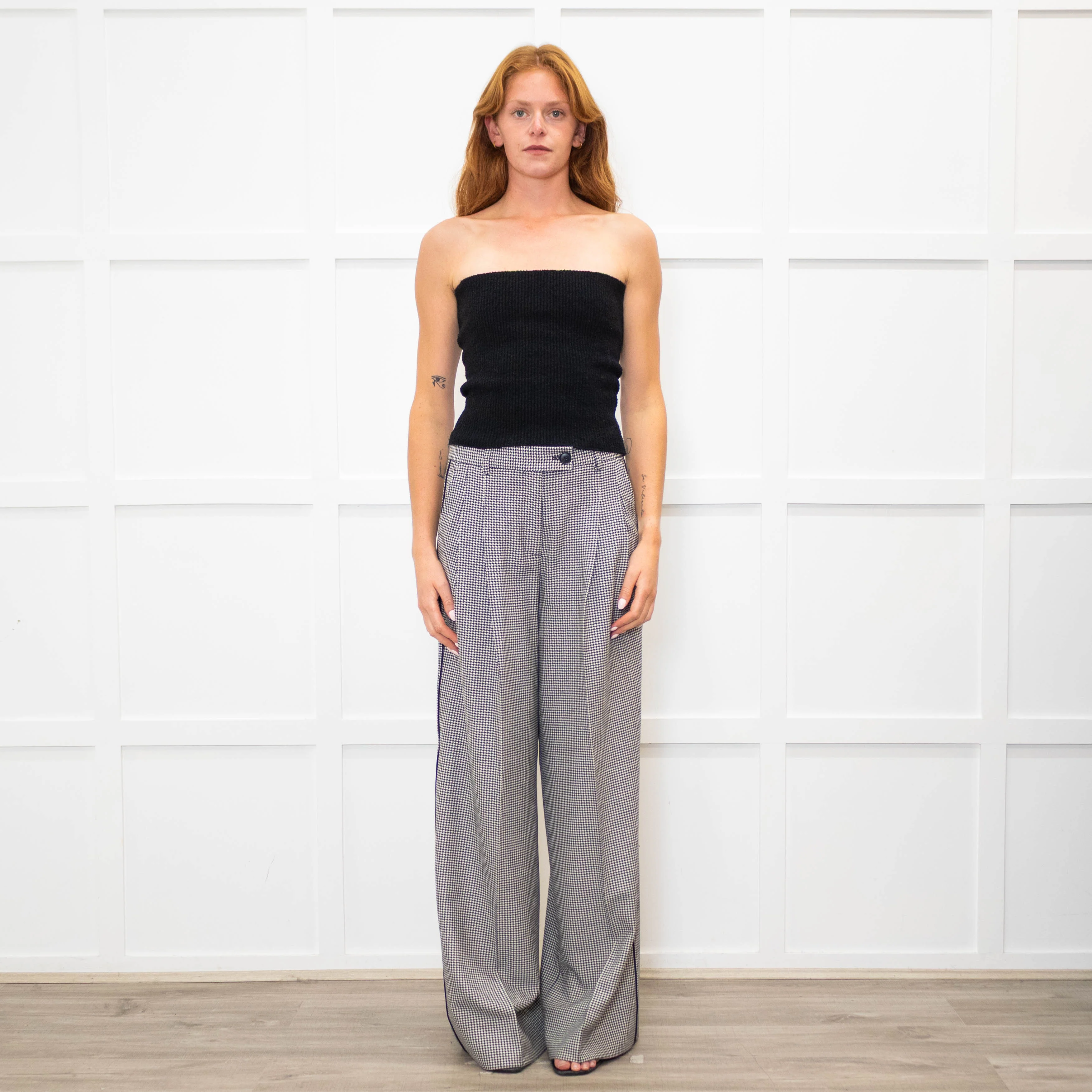 Me + Em Black White Small Houndstooth Pleated Front Wide Trousers - Image 3