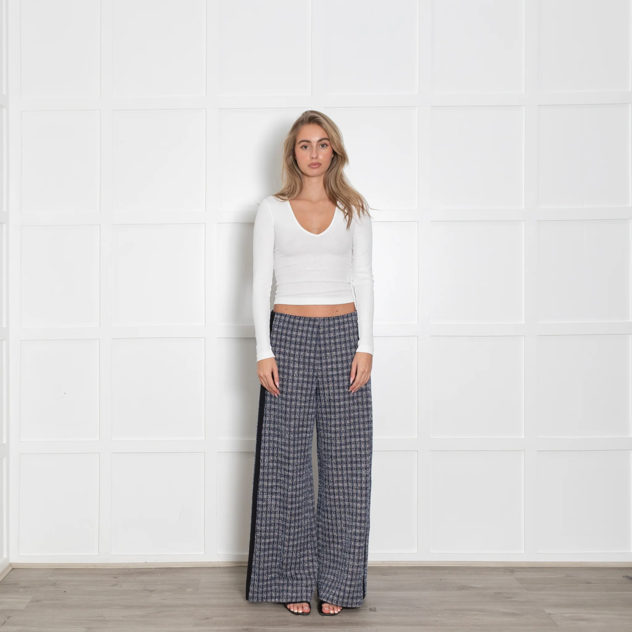 Me+Em Blue Beige Silver Lurex Tweedy Side Stripe Wide Leg Trousers