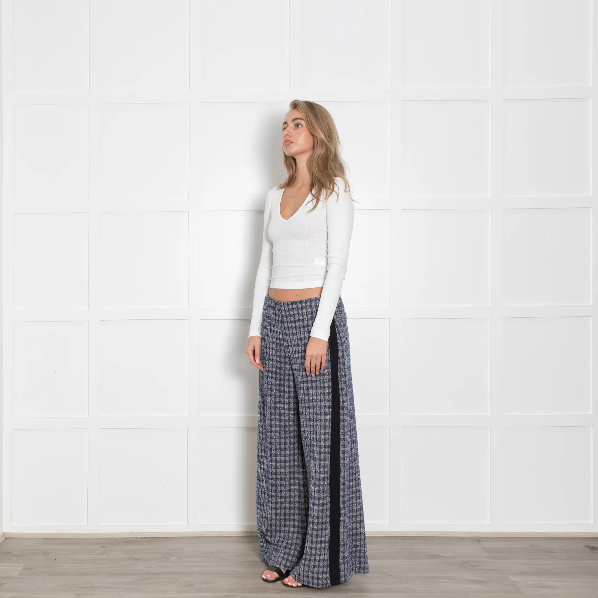 Me+Em Blue Beige Silver Lurex Tweedy Side Stripe Wide Leg Trousers - Image 3