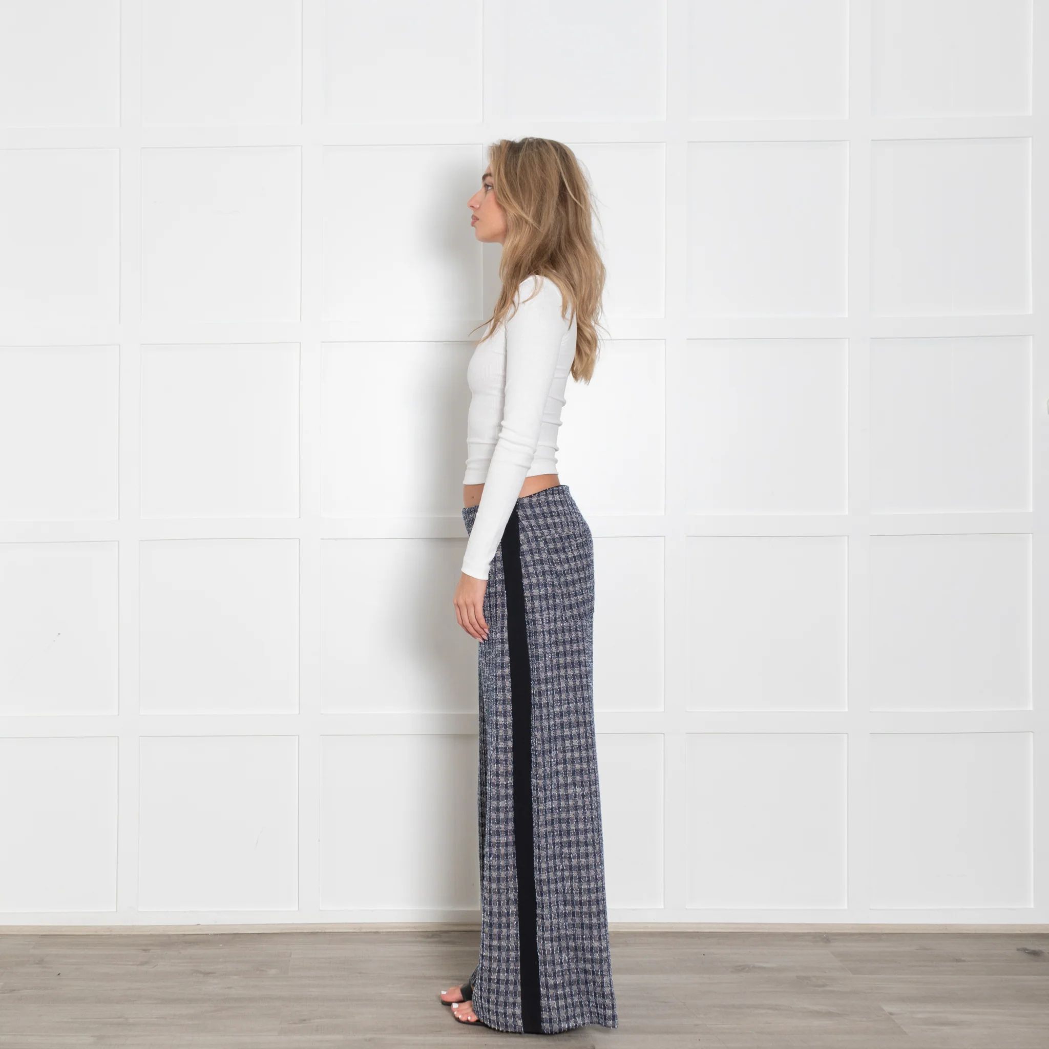 Me+Em Blue Beige Silver Lurex Tweedy Side Stripe Wide Leg Trousers - Image 4
