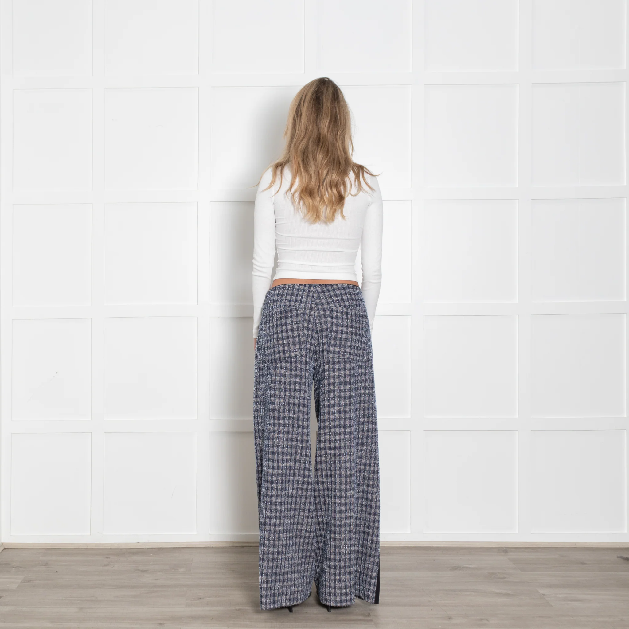 Me+Em Blue Beige Silver Lurex Tweedy Side Stripe Wide Leg Trousers - Image 5
