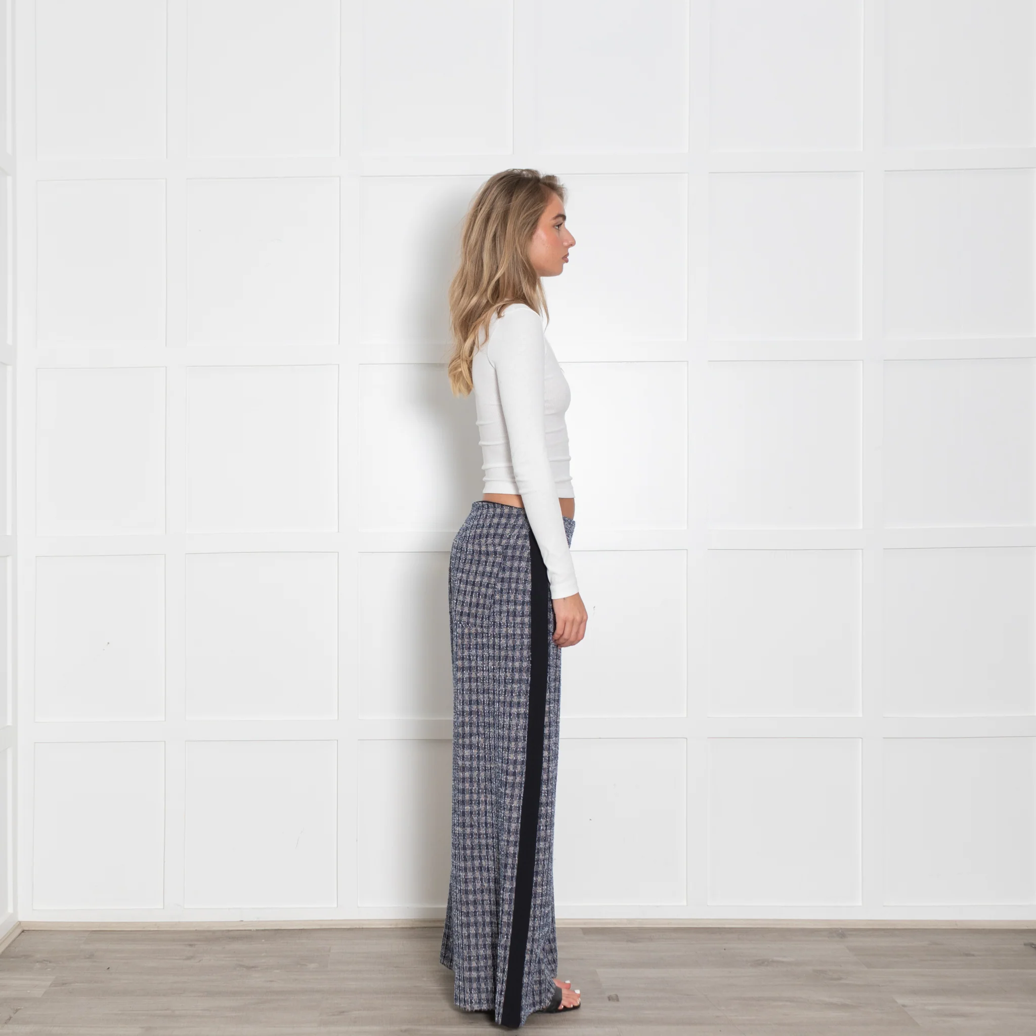 Me+Em Blue Beige Silver Lurex Tweedy Side Stripe Wide Leg Trousers - Image 6