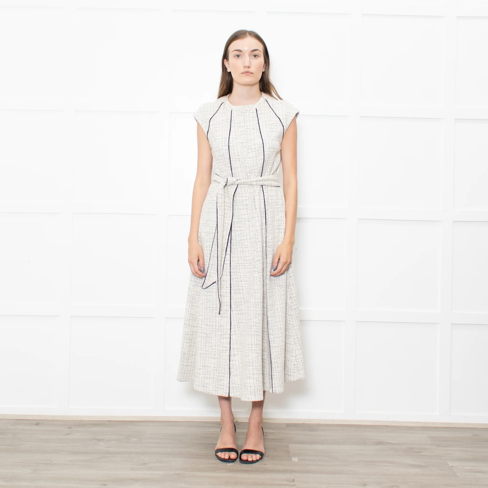 Me+Em Cream Black Piping Tweedy Sleeveless Belted Dress