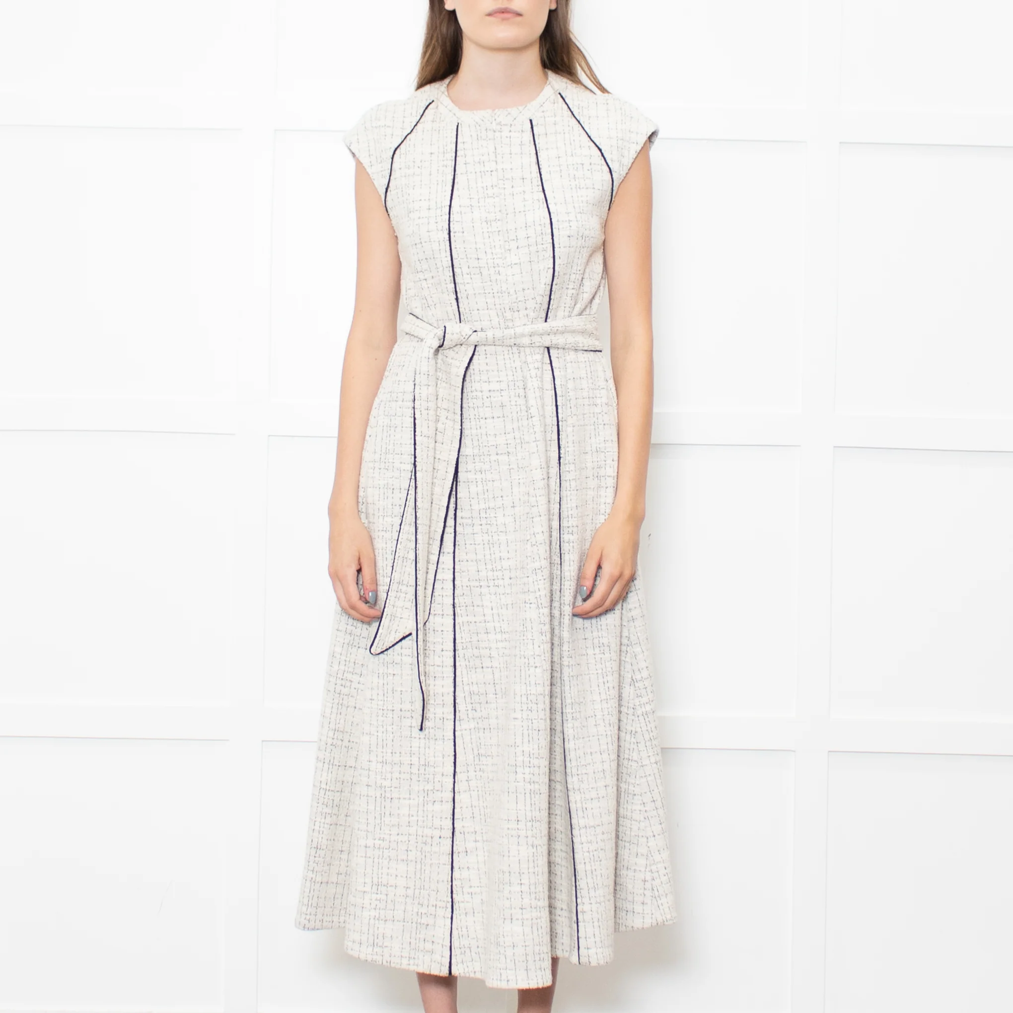 Me+Em Cream Black Piping Tweedy Sleeveless Belted Dress - Image 2