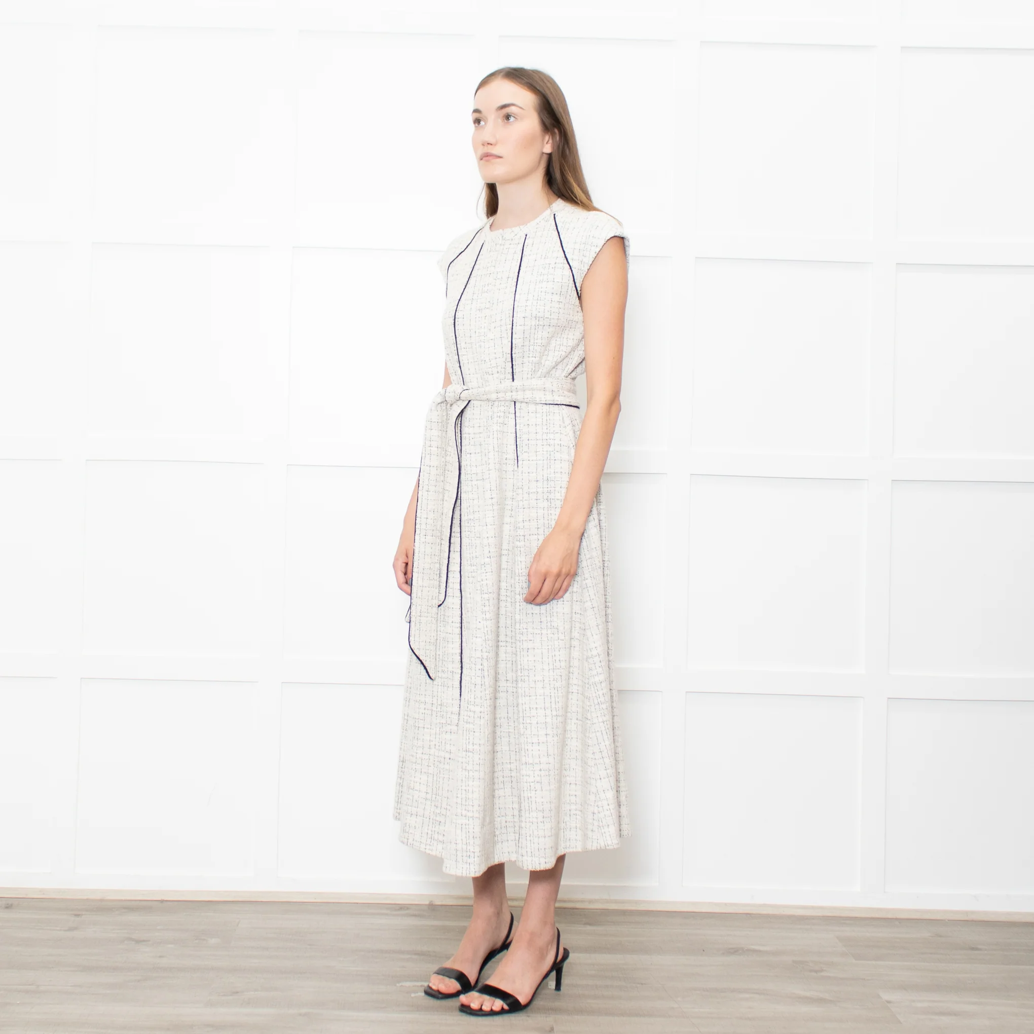 Me+Em Cream Black Piping Tweedy Sleeveless Belted Dress - Image 3