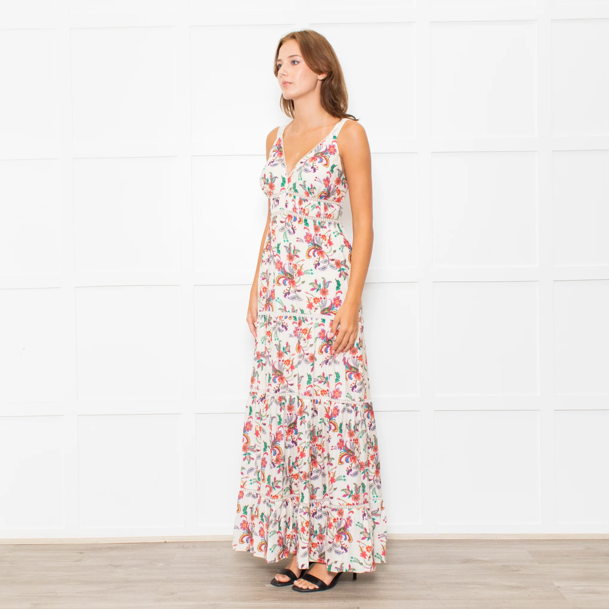 Me+Em Cream Coral Green Purple Paisley Strappy Maxi Dress - Image 3