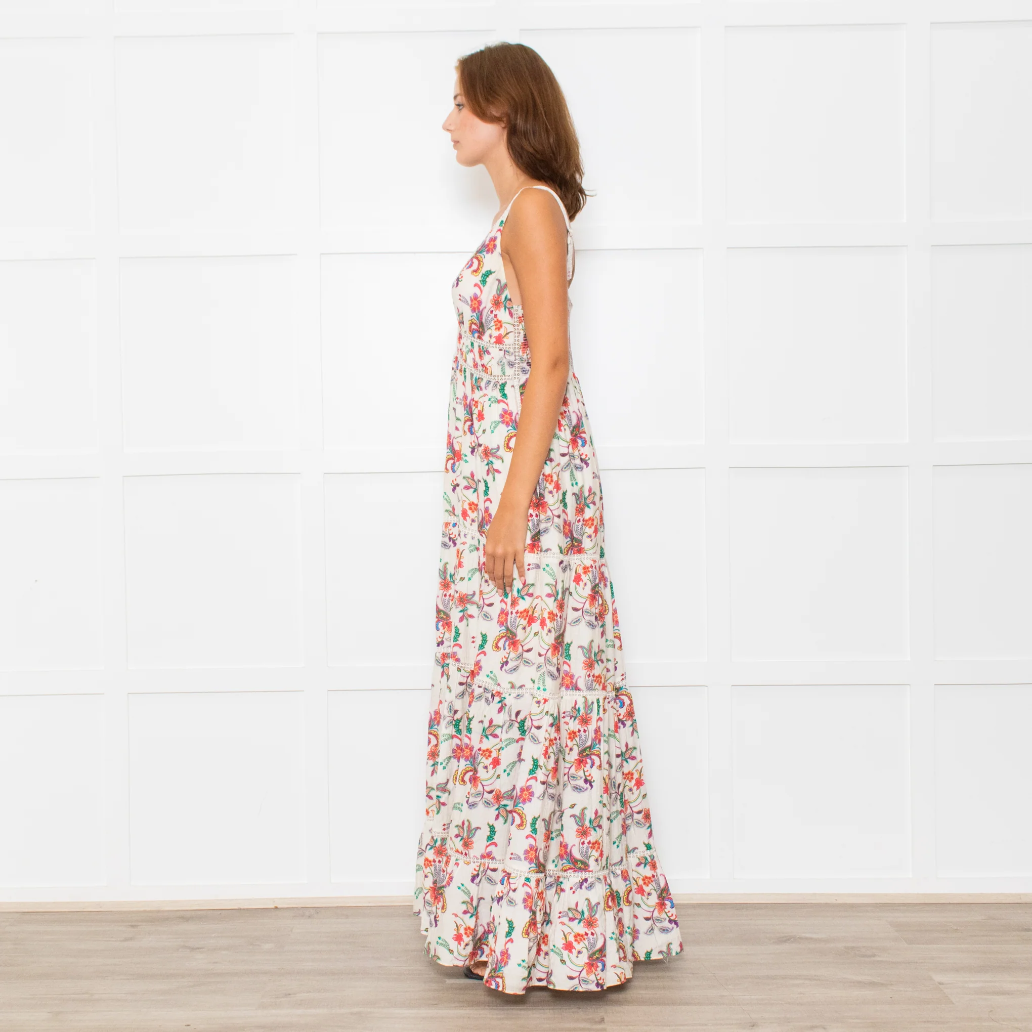 Me+Em Cream Coral Green Purple Paisley Strappy Maxi Dress - Image 7