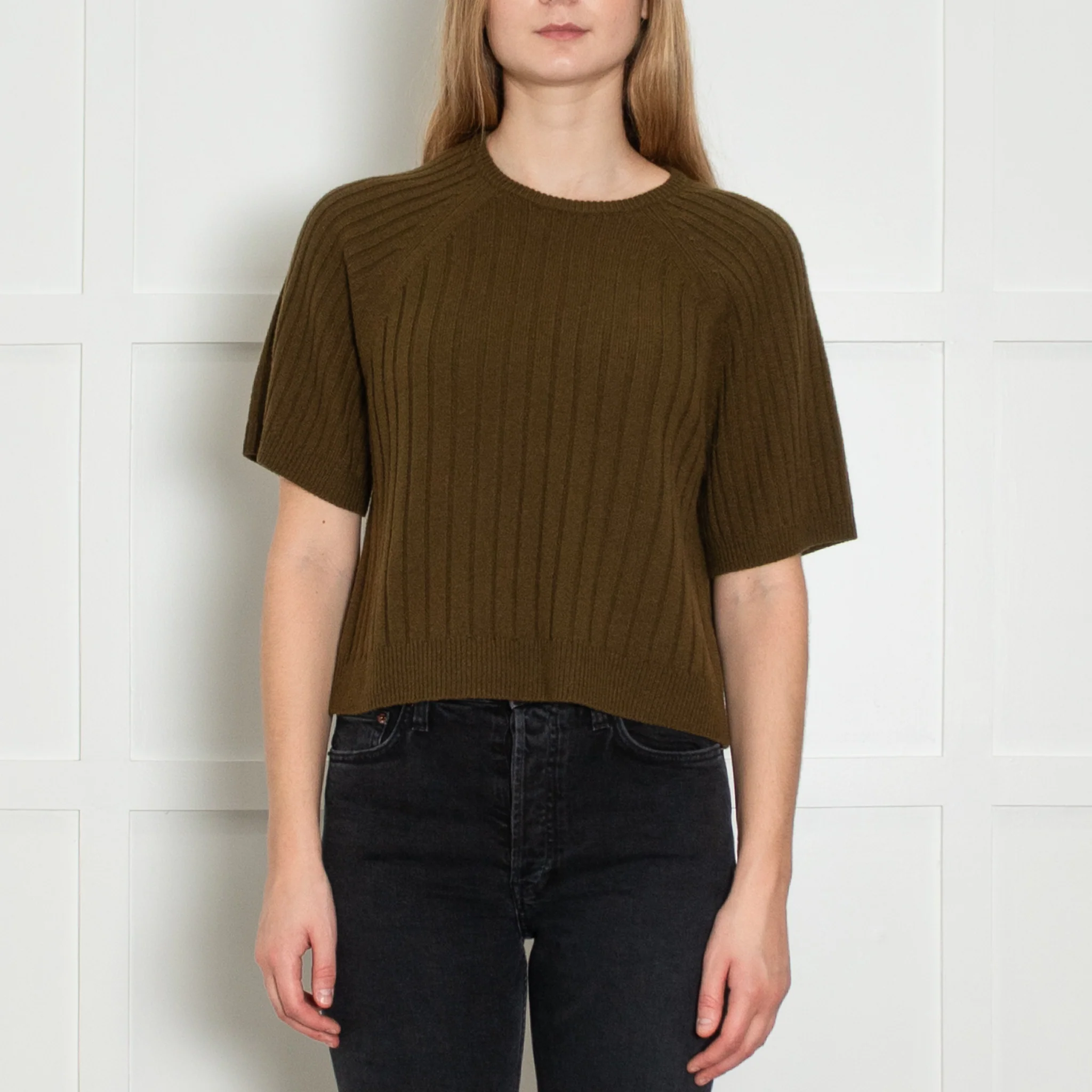 Me+Em Khaki Green Cashmere Wool Blend Short Sleeve Rib Jumper - Image 2