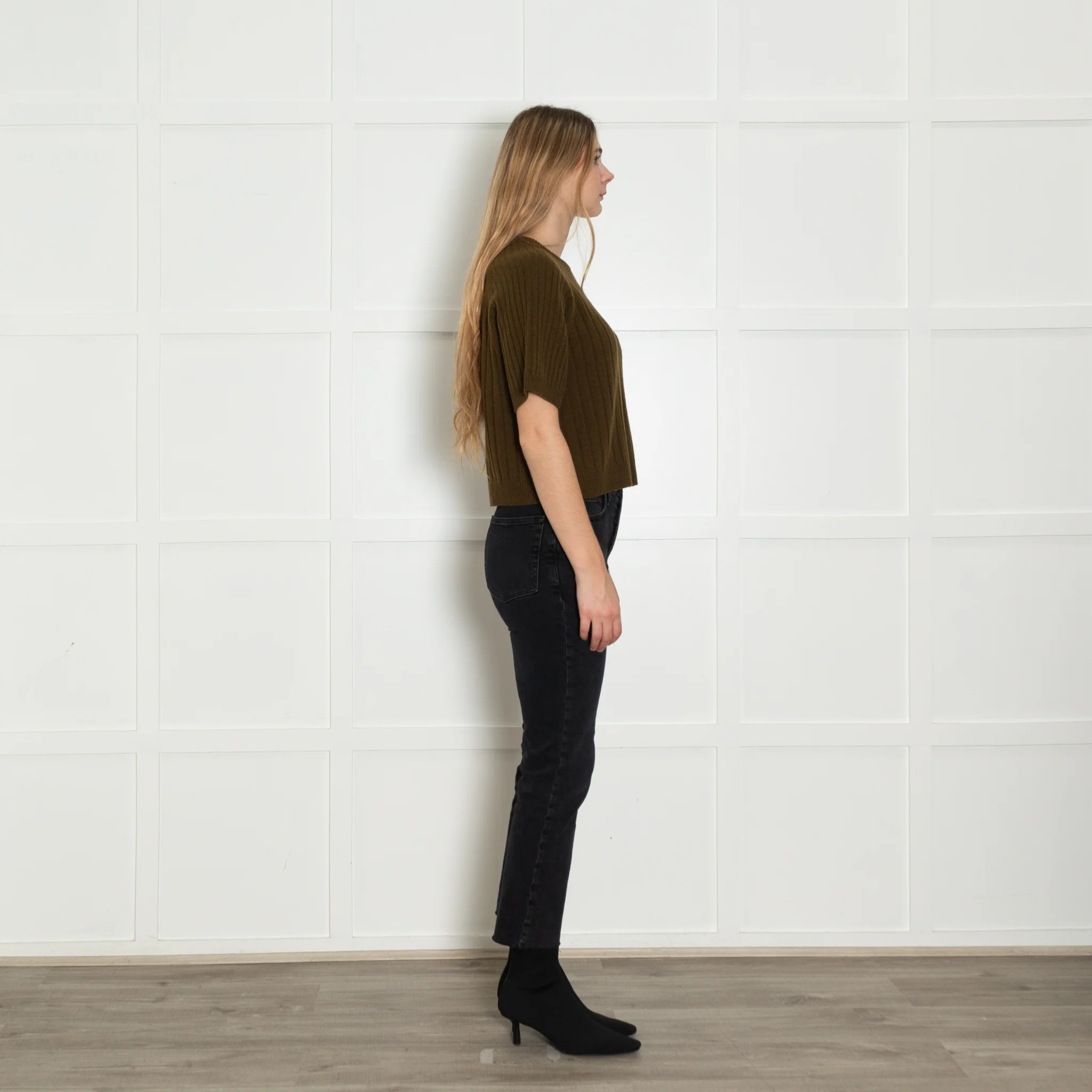 Me+Em Khaki Green Cashmere Wool Blend Short Sleeve Rib Jumper - Image 6
