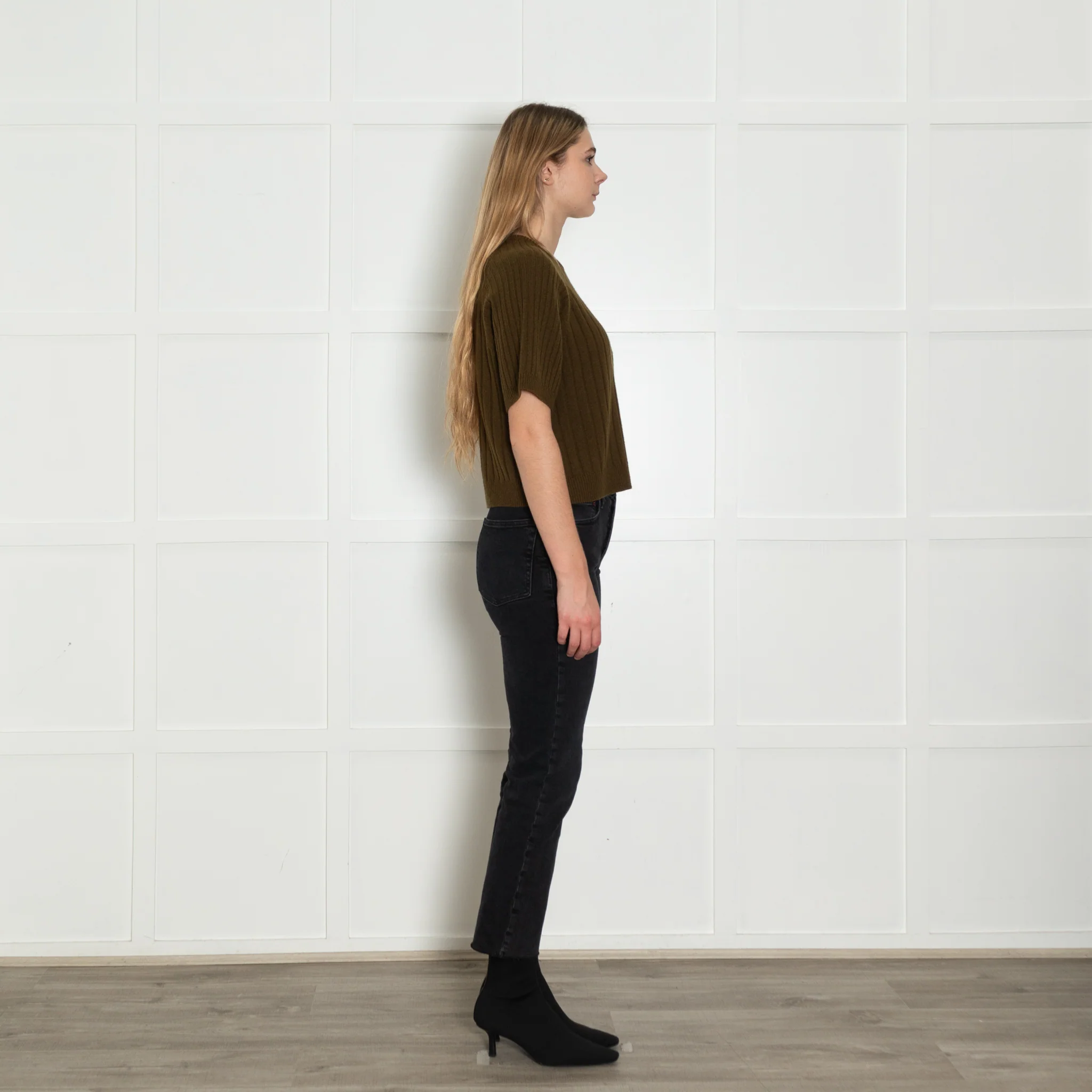 Me+Em Khaki Green Cashmere Wool Blend Short Sleeve Rib Jumper - Image 7
