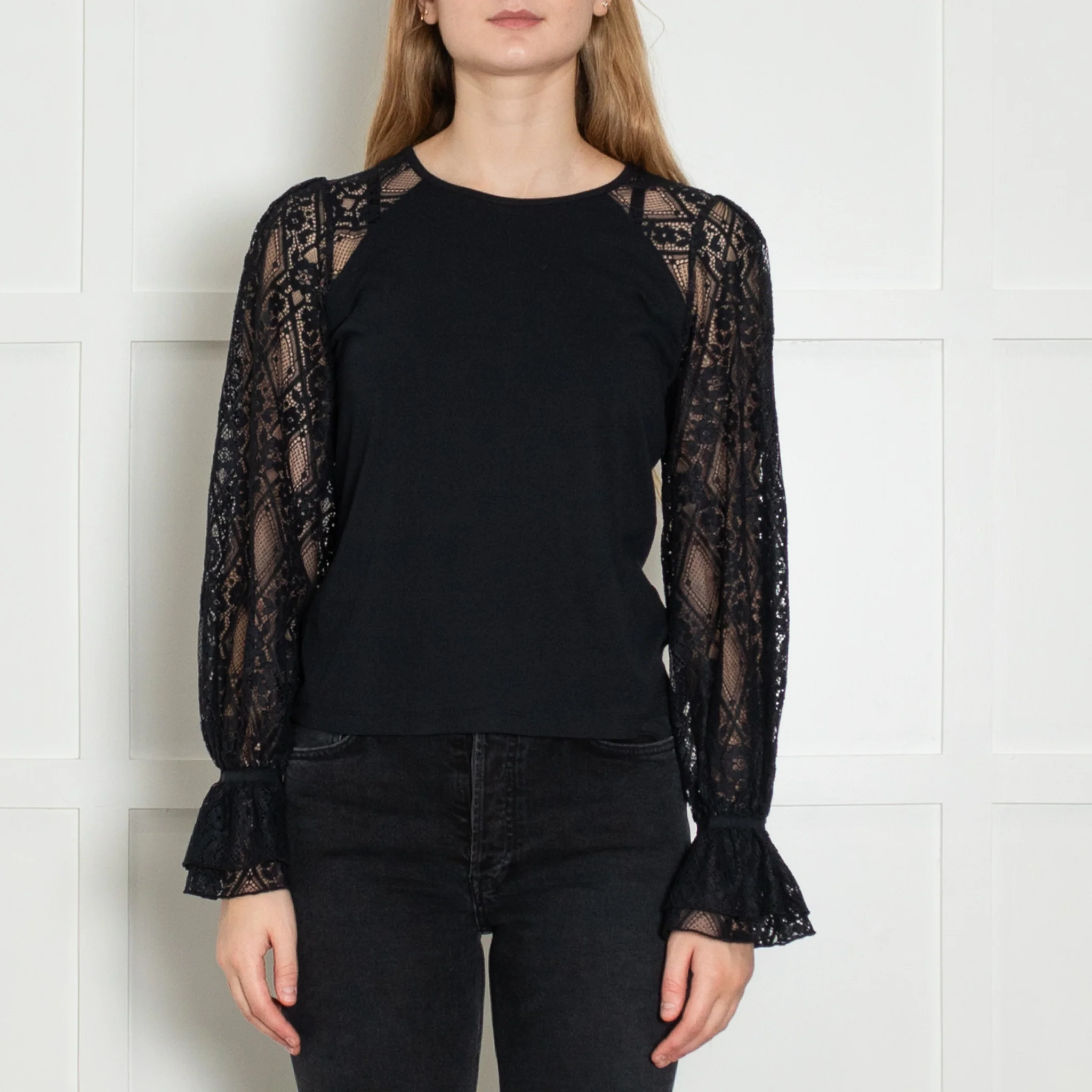Me+Em Navy Blue Cotton Jersey Blend Lace Sleeve Top - Image 2