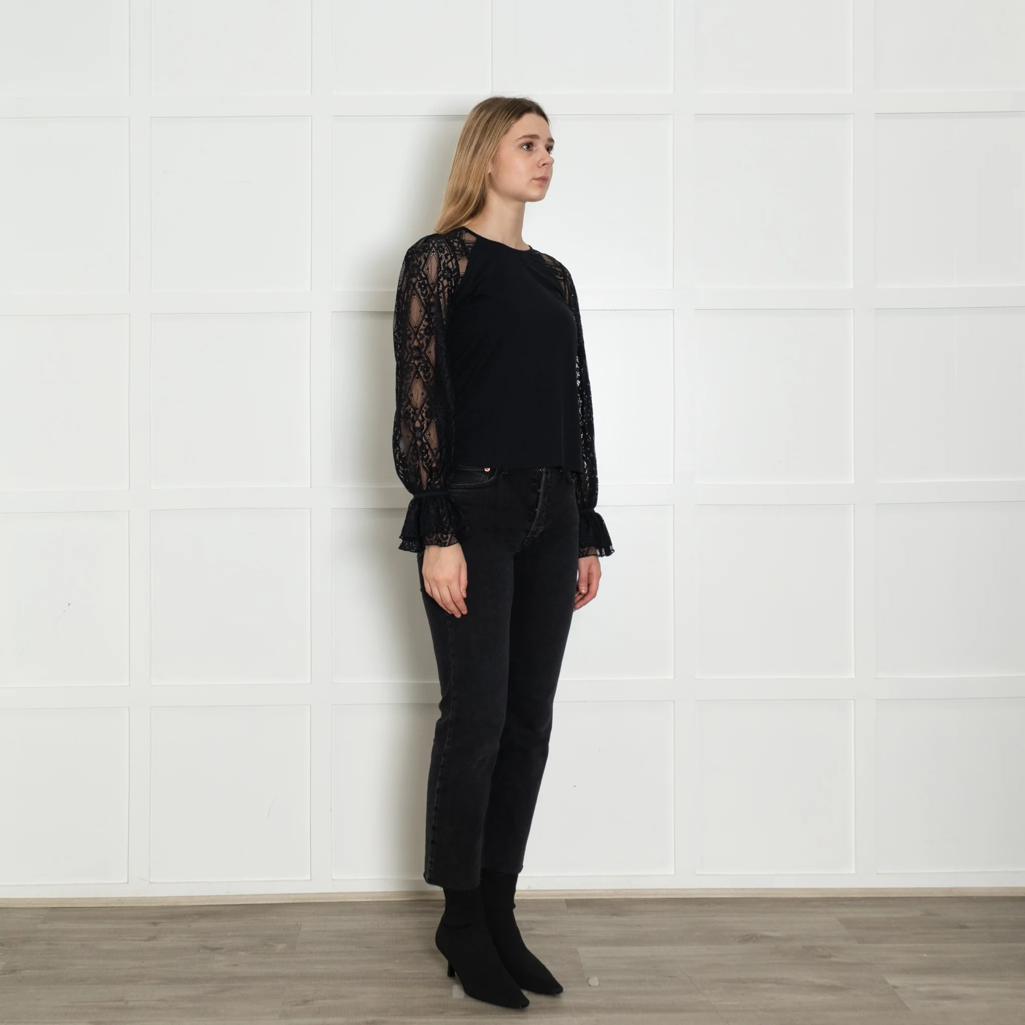 Me+Em Navy Blue Cotton Jersey Blend Lace Sleeve Top - Image 7
